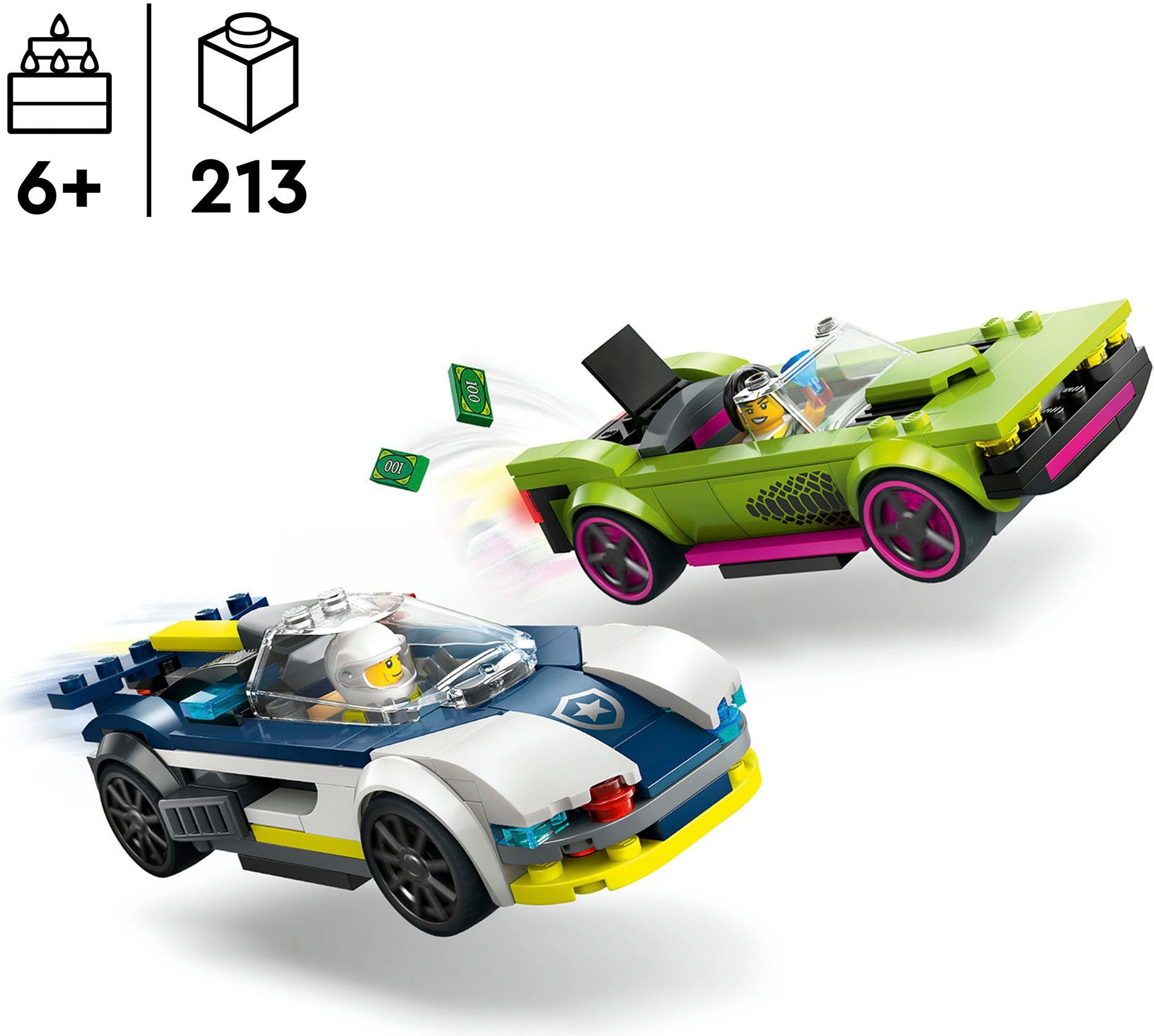 LEGO® Konstruktionsspielsteine »Verfolgungsjagd mit Polizeiauto und Muscle Car (60415), LEGO City«, (213 St.), Made in Europe