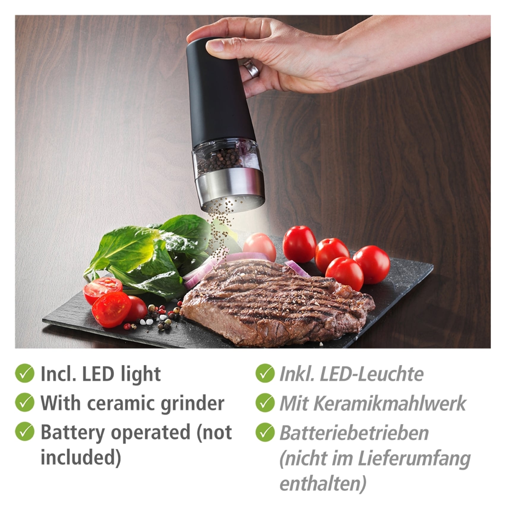 WENKO Salz-/Pfeffermühle »Modell 2in1«, batteriebetriebene Gewürzmühle, Keramik-Mahlwerk, mit Beleuchtung