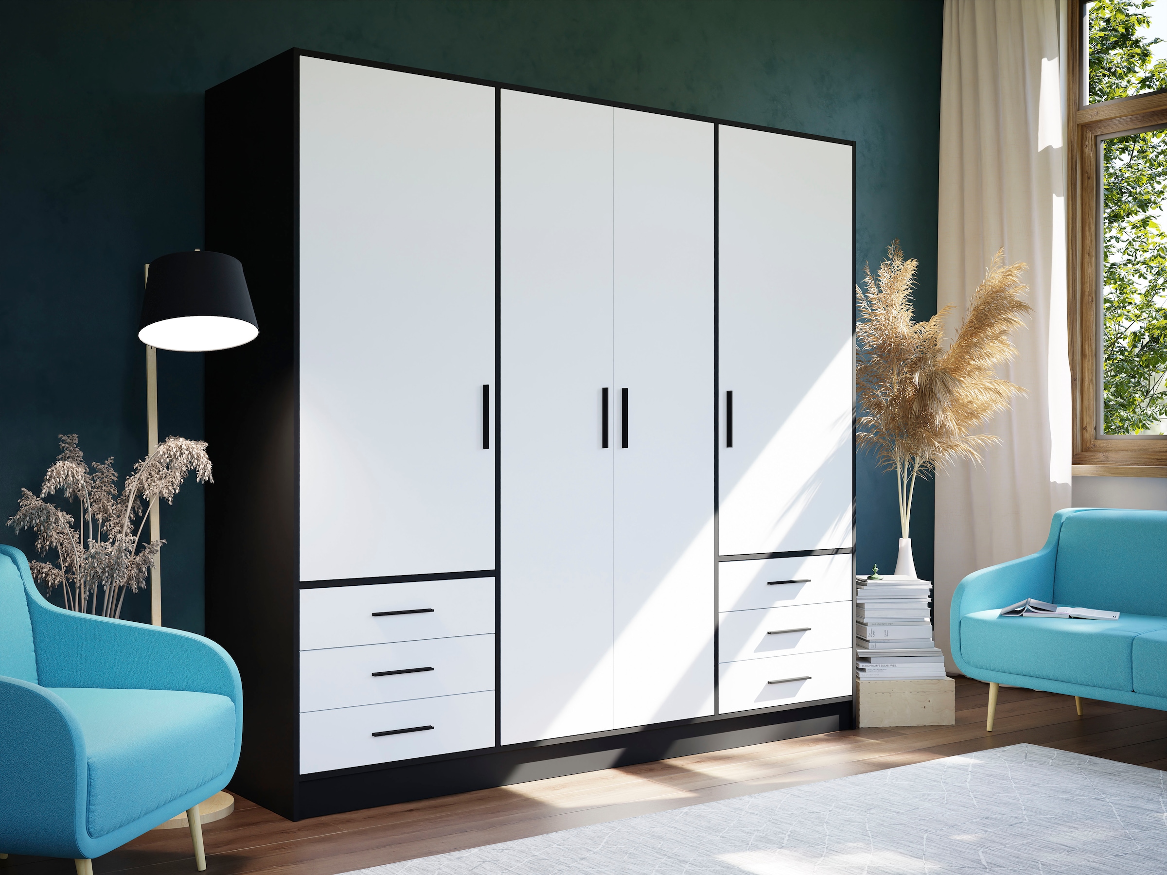 FORTE Kleiderschrank »Jupiter, Made in Europe, mit Schubladen«, (Maße (T/H): 60/200 cm), Stauraum, 2 Breiten, 4 Farben, Schubladen, variable Einlegeböden