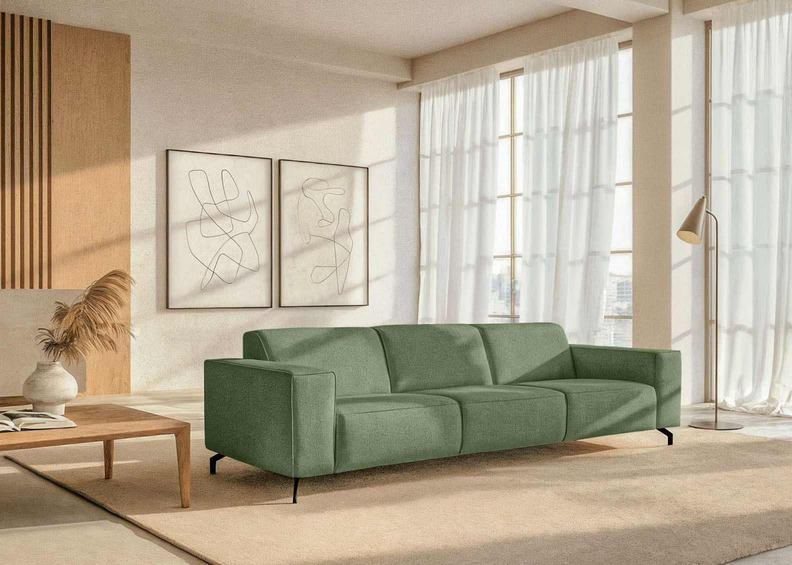 Home affaire 3-Sitzer "Lorcan 257 cm, weiches Sitzgefühl" mit schwarzen Metallfüßen, Lederoptik und in weichem Strukturstoff