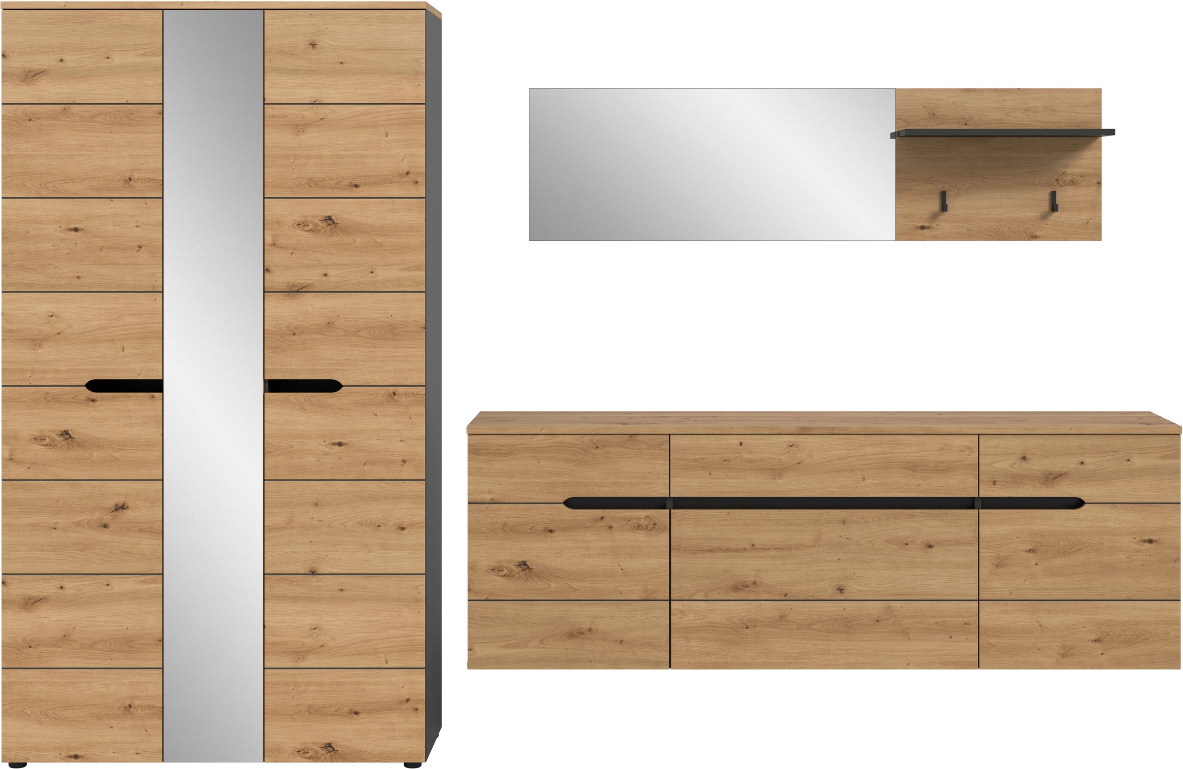 Home affaire Garderoben-Set "REHAT, TOPSELLER, 3-teilig, Breite 296 cm, individuell stellbar" Set, best. aus: Garderobenschrank, Hängeschrank & Garderobenpaneel, 3 Stk. tlg.