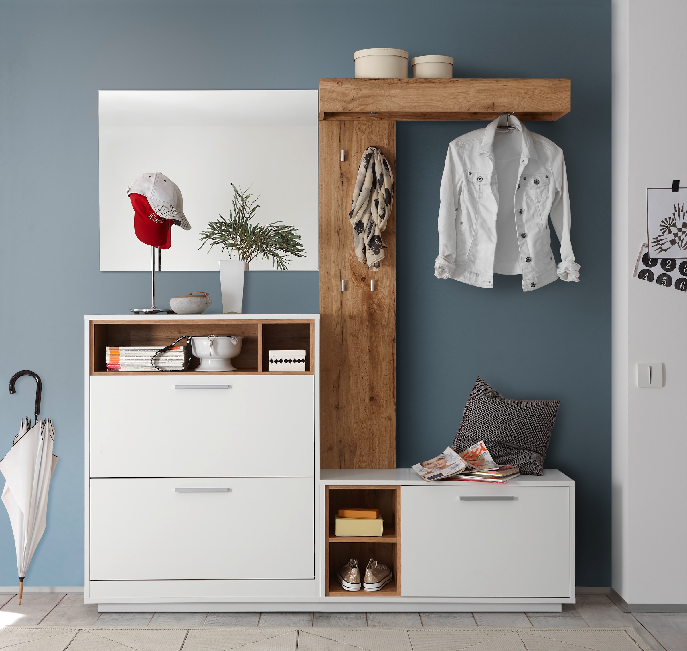 HBZ Kompaktgarderobe »Milano mit Spiegel, BxHxT 177x195x32 cm«, (1 St.), Mit Schuhkommode, Paneel, Bank und Spiegel