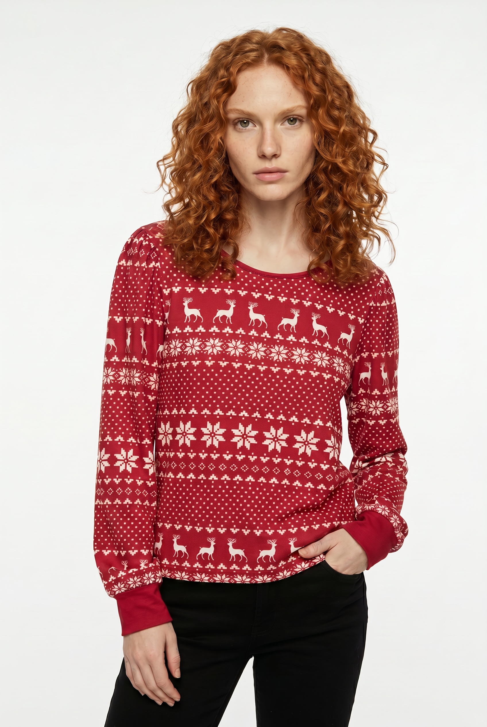 Vero Moda Langarmshirt "VMCHRIS LS O-NECK TOP JRS XMAS" mit Stretch, weihnachtlicher Allover Druck