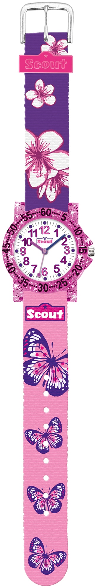 Scout Quarzuhr »The IT-Collection, 280375013«, Lernuhr, Glitzer, Schmetterling- und Blumenmotiv, ideal als Geschenk