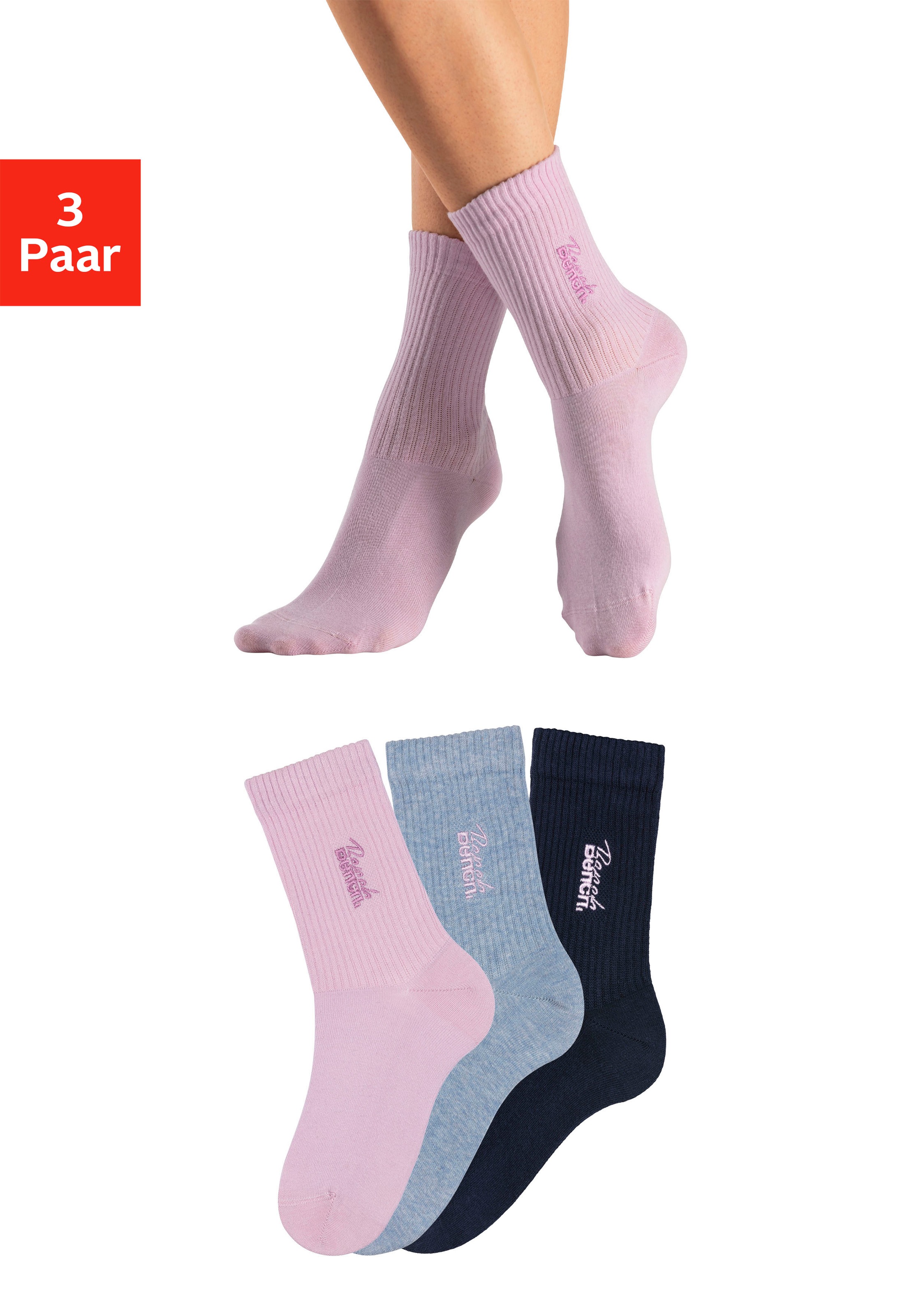 Bench. Basicsocken "Damensocken hochgeripptes Bündchen" Packung, 3 Stk. tlg. mit Bench Logo Stickerei