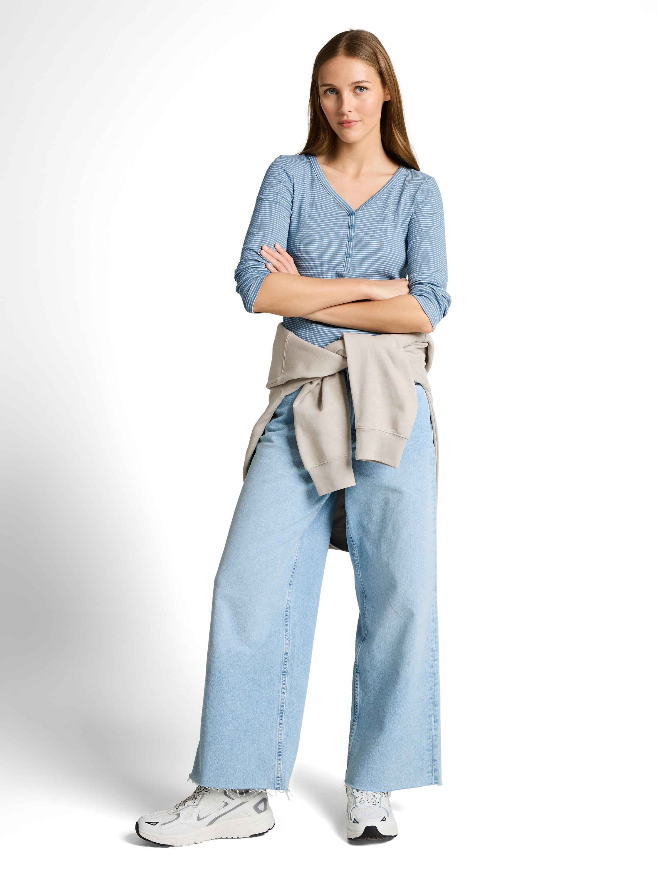 Henleyshirt TOM TAILOR DENIM, Damen, Gr. S, mid blau weiß stripe, Rippware, Obermaterial: 95% Baumwolle, 5% Elasthan, gestreift, regular fit normal, V-Ausschnitt, gerader Abschluss, Shirts, mit Streifen Muster 3