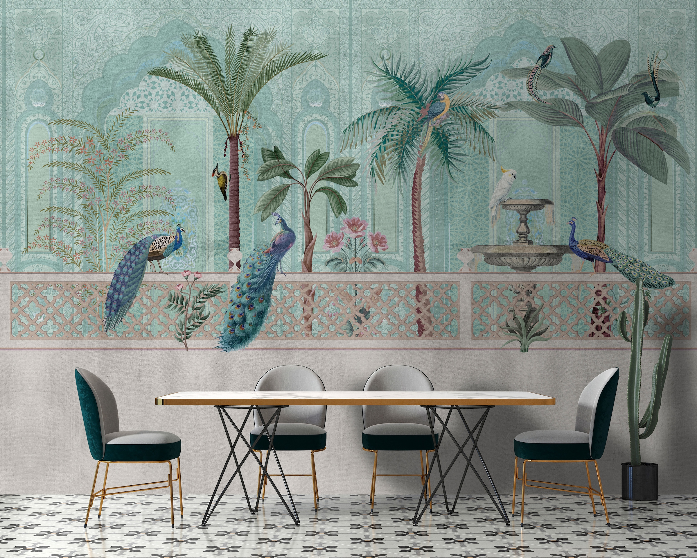 living walls Vliestapete "Pfauentapete orientalisch Mint Türkis mit Palmen" matt glatt