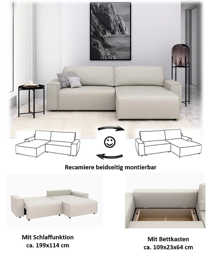INOSIGN Ecksofa »Chance, Recamiere beidseitig montierbar, Schlaffunktion, Breite 265 cm«, in Struktur LUMOS, mit Schlaffunktion und Bettkasten