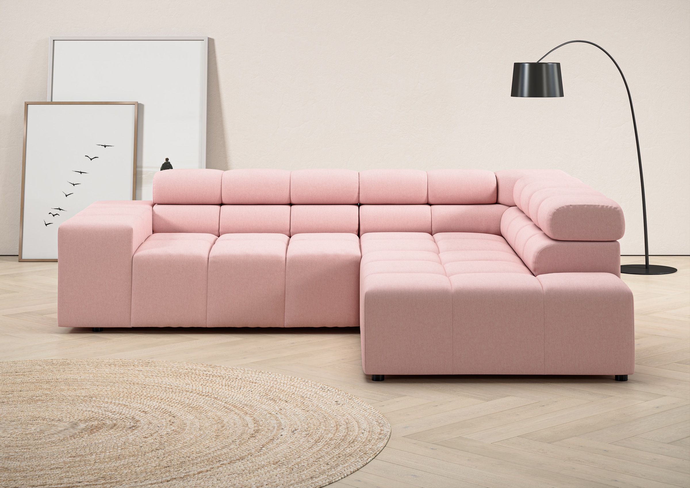 Ecksofa HOME AFFAIRE "Ancona, incl. Kopfteilverstellung + 3 Zierkissen, L-Form, Breite 249cm", rosa (rosé), B:249cm H:70cm T:215cm, 100% Polyester, Sofas, Ecksofa, wahlweise motorische Sitztiefenverstellung, B/T(H: 249/215/70 cm 4