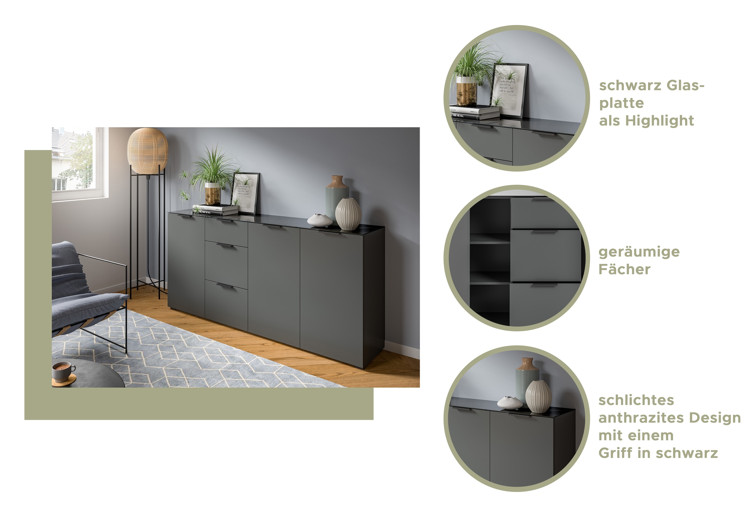 INOSIGN Kommode »Raio, Breite 90 cm, 2 Türen, 2 Einlegeböden, Oberboden mit Glasplatte«, Anrichte, Sideboard, Highboard, Schrank