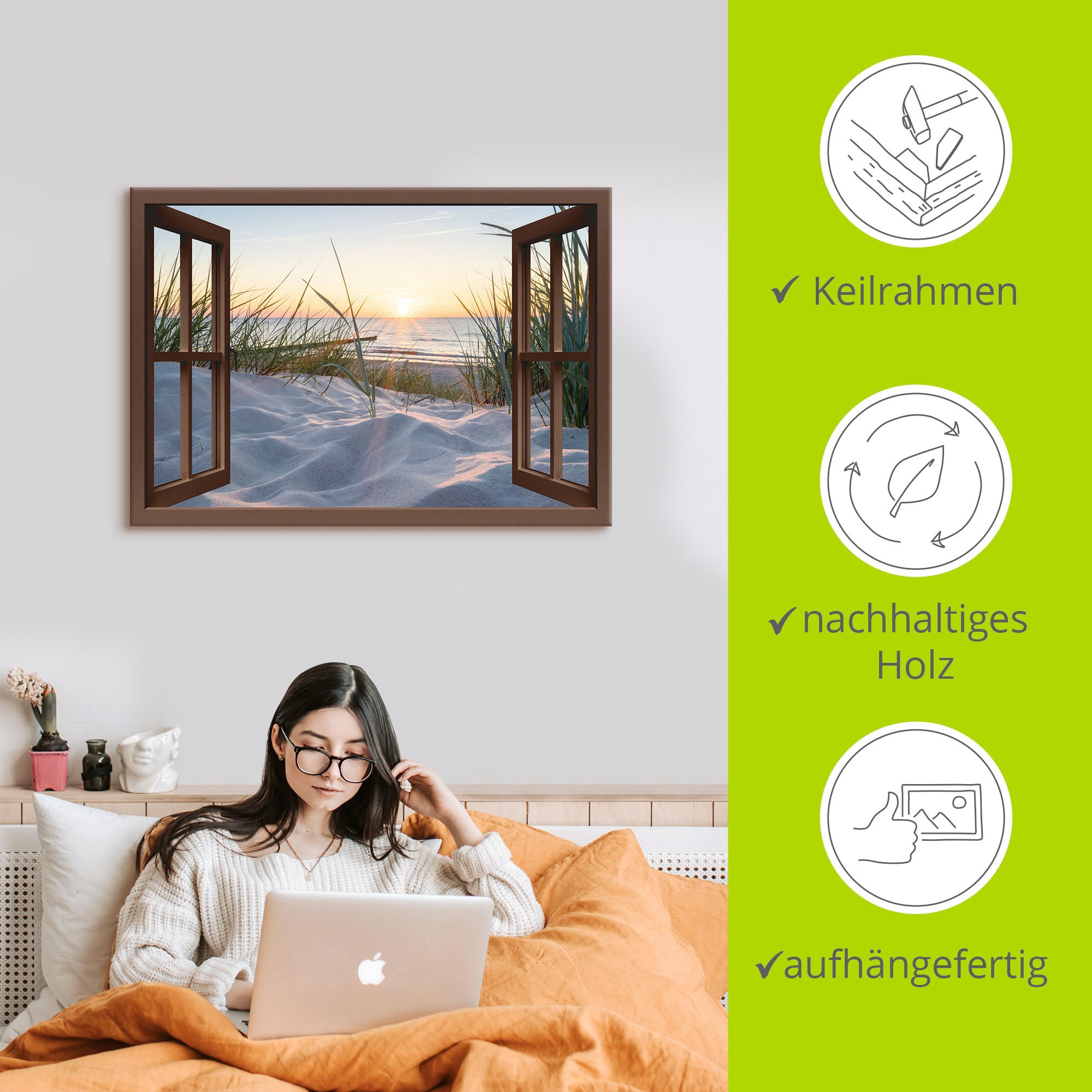 Artland Wandbild »Ostseestrand durchs Fenster«, Meer Bilder, (1 St.), als Alubild, Outdoorbild, Leinwandbild, Wandaufkleber, versch. Größen