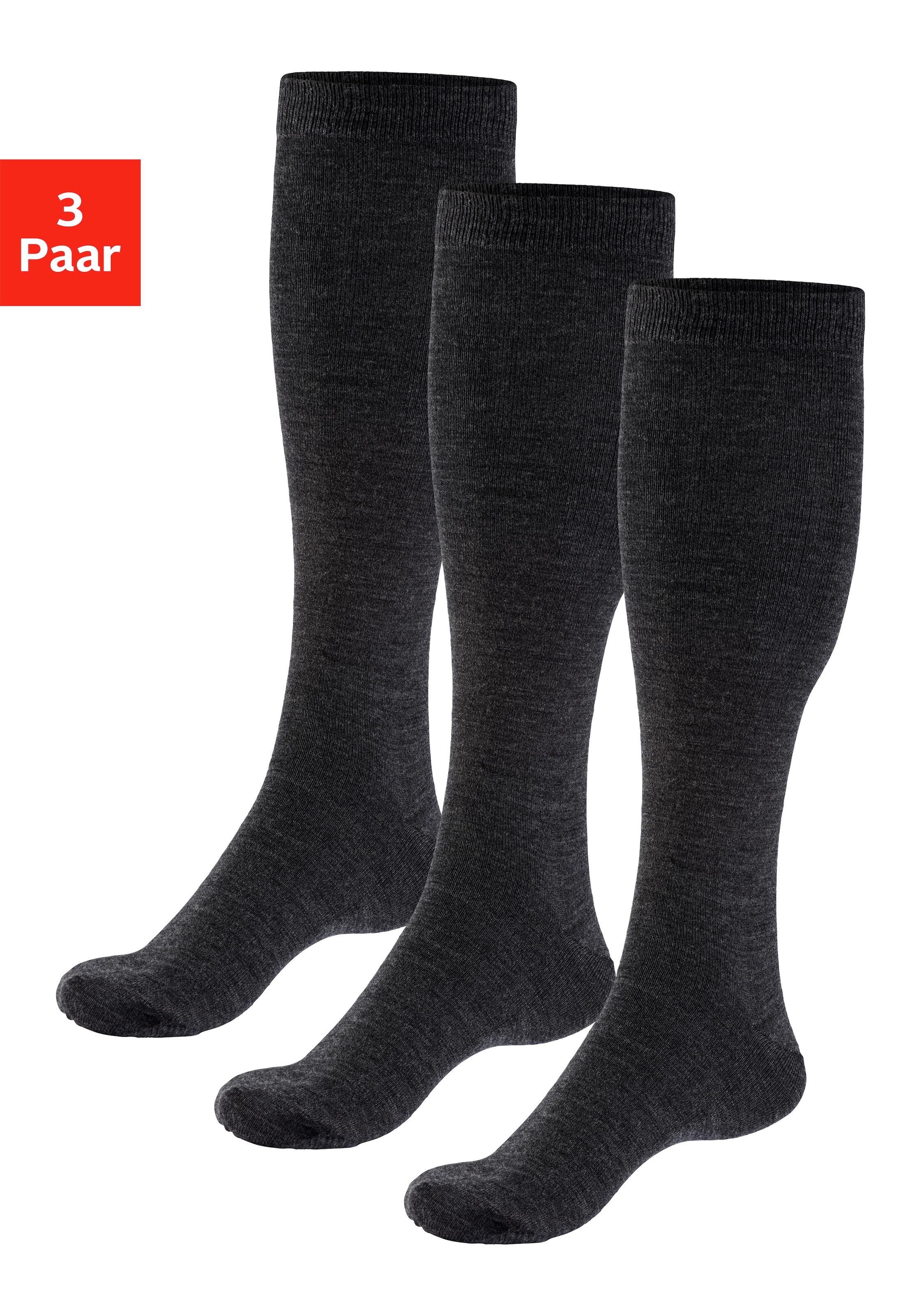 Bench. Kniestrümpfe "Herren Wollkniestrümpfe, uni, weicher Abschluss" Packung, 3 Paar tlg. Herrenkniestrümpfe mit wärmender Wolle