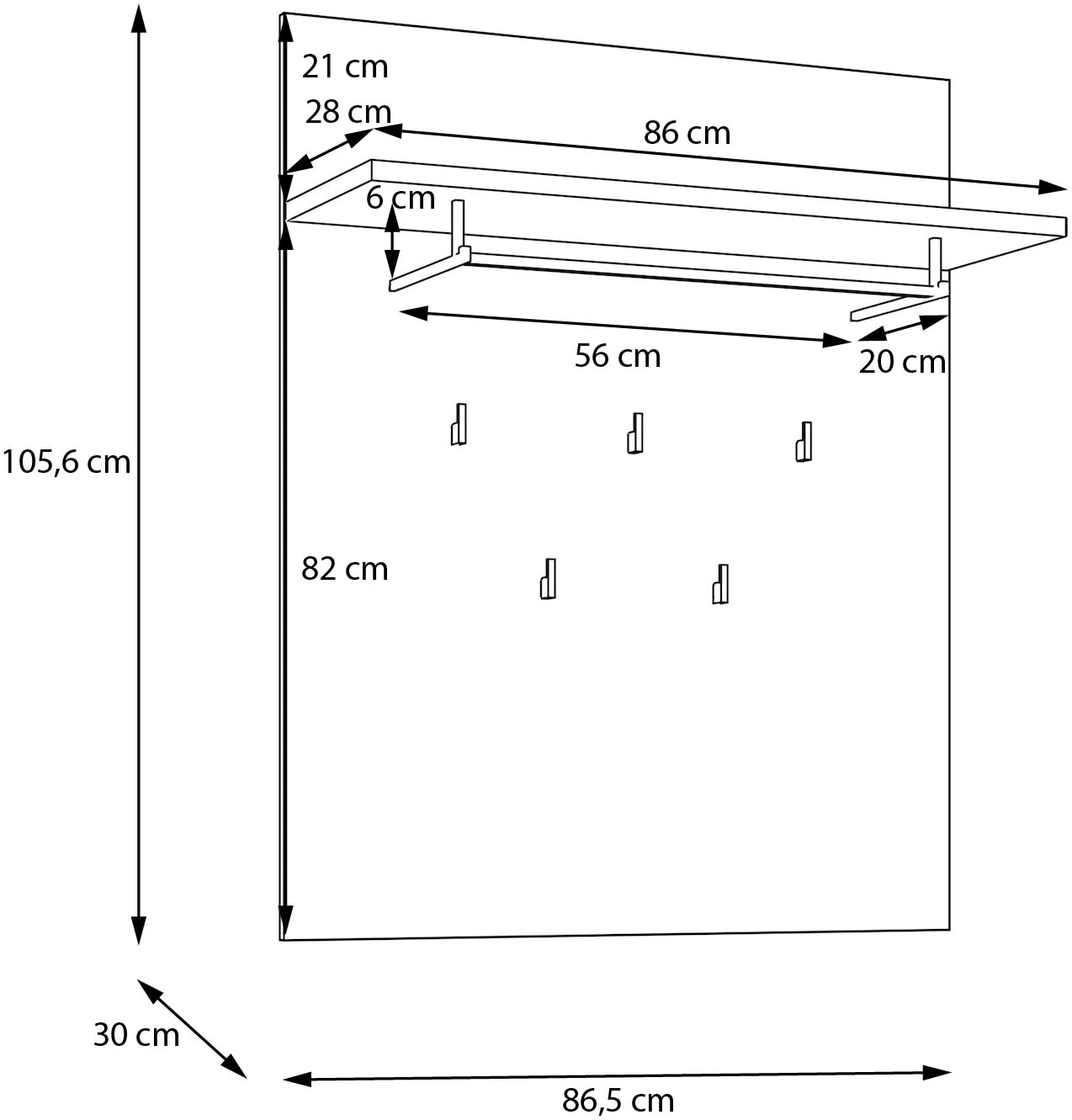FORTE Garderobenpaneel »Bohol Paneel 5 Haken, Kleiderstange, Ablageboden« B/H/T 86,5/1056/30 cm