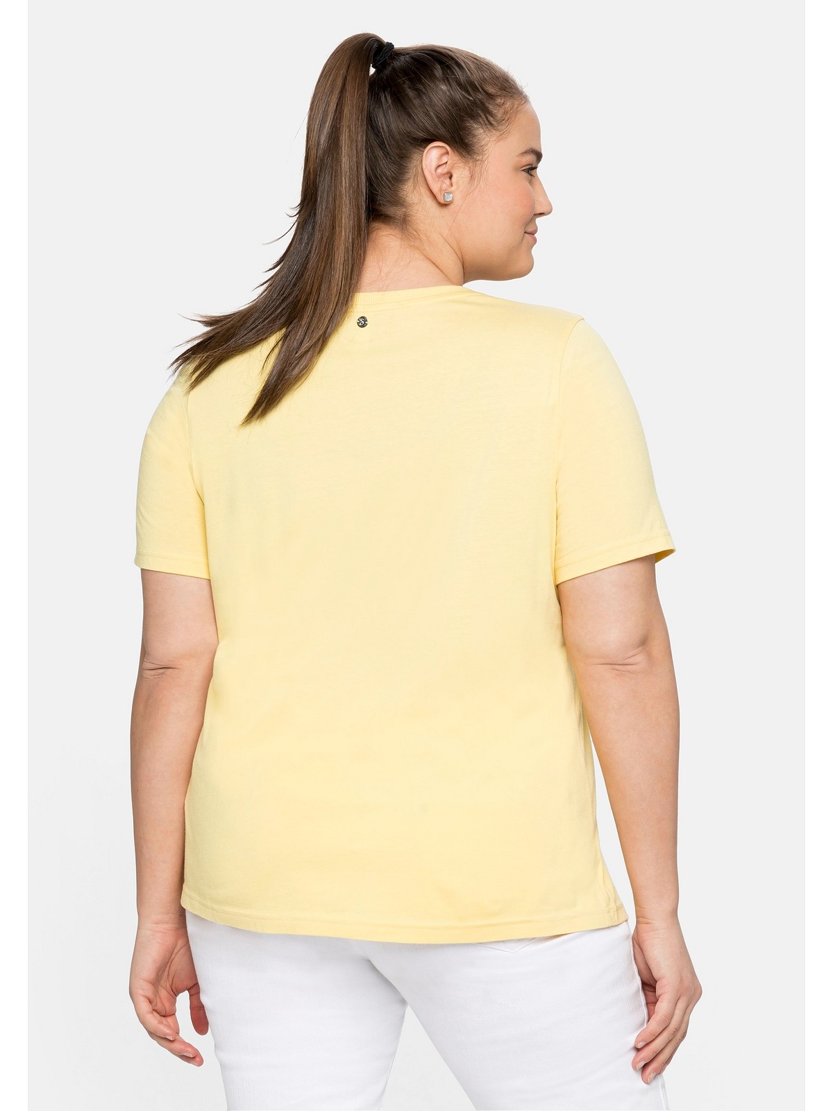 Sheego T-Shirt und Glitzersteinen Größen«, Frontdruck schimmerndem mit kaufen online BAUR | »Große