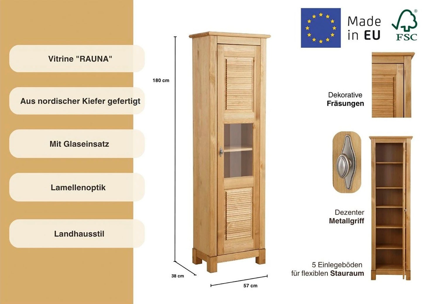 Thumbnail - OTTO home Vitrine "Rauna Vitrinenschrank, Stauraumchrank" Höhe 180 cm, aus massiver Kiefer, FSC-zertifiziert