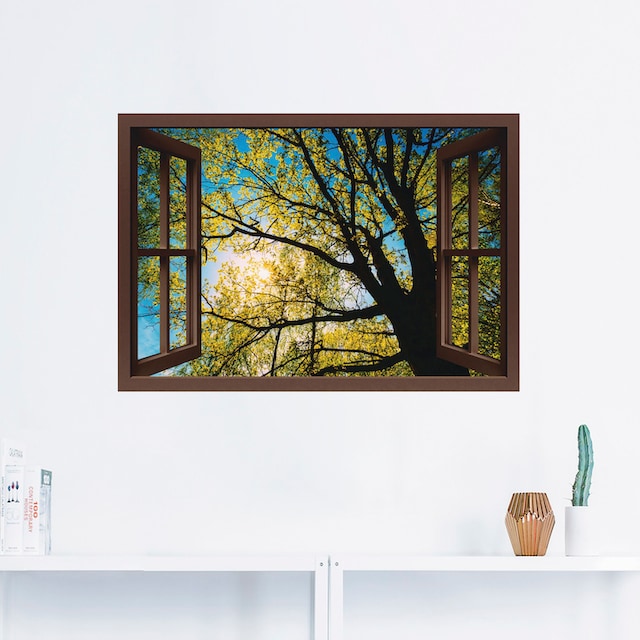 oder Poster Artland Baumkrone«, Baumbilder, St.), Frühlingssonne versch. kaufen als in Leinwandbild, »Fensterblick (1 BAUR Größen Wandbild Wandaufkleber | Alubild,