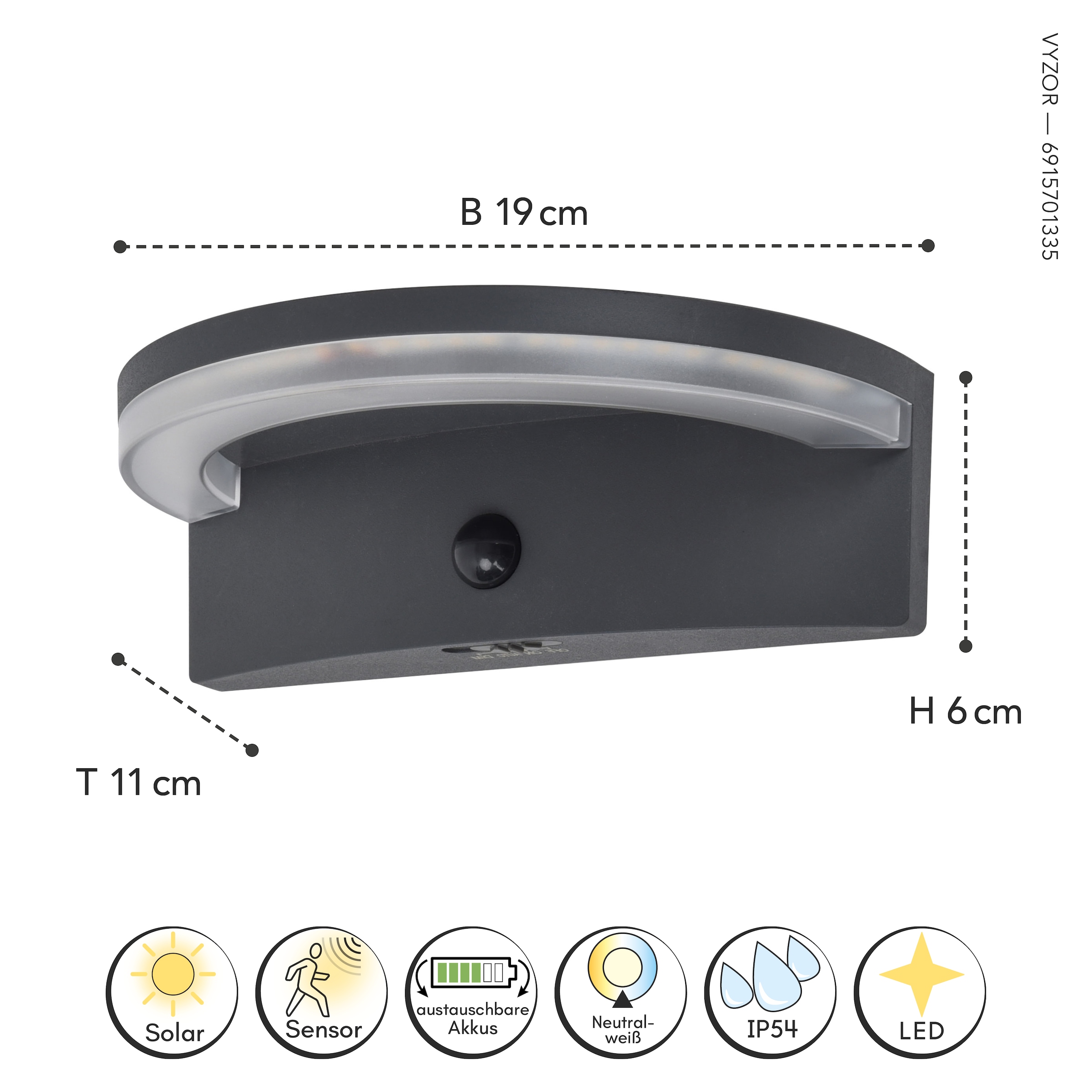 LUTEC LED Solarleuchte »LED-Solar-Aussenwandl. m. BWM VYZOR«, 1 flammig, Leuchtmittel LED-Board | LED fest integriert, Bewegungsmelder