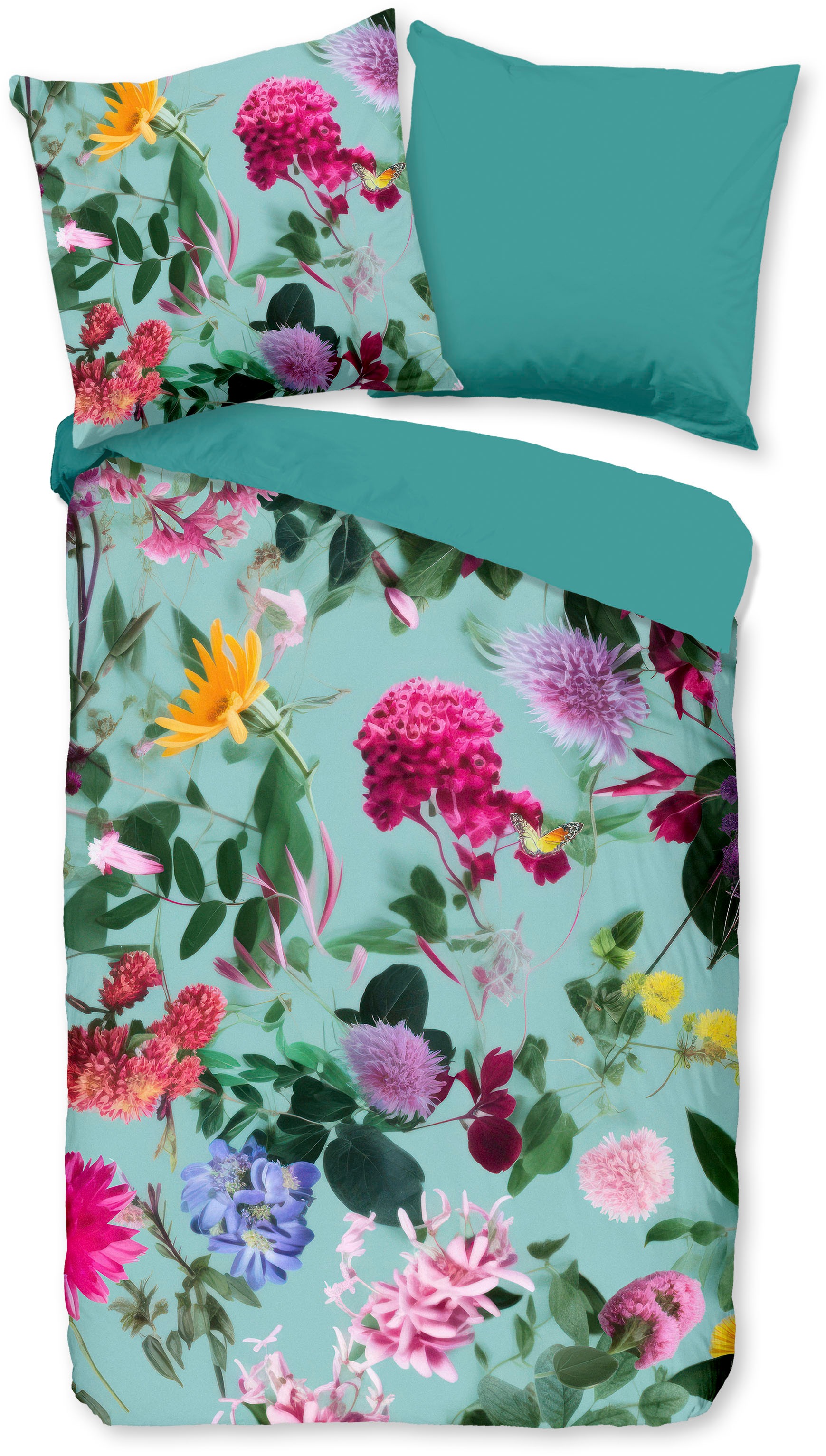 good morning Wendebettwäsche "Imma" 2 Stk. 100% Baumwolle, Renforcé, Reißverschluss, Wendeoptik, Blumen, Aqua