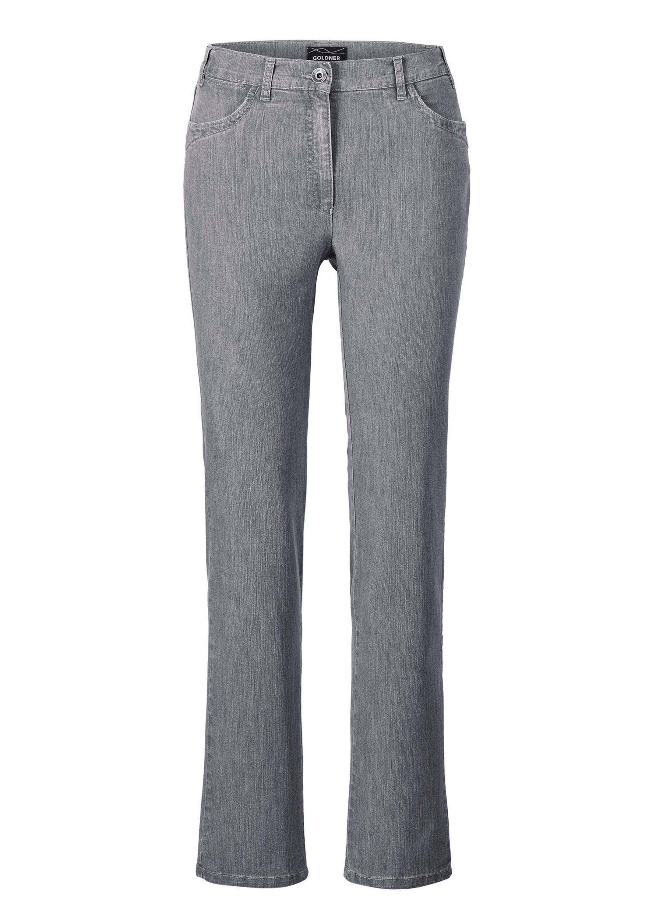 Stretch-Jeans GOLDNER "Kurzgröße Edel geschmückte Jeanshose ANNA", Damen, Gr. 24, K-Gr, grau, Obermaterial: 83% Baumwolle CO. 16% Polyester PES. 1% Elasthan EL., Jeans