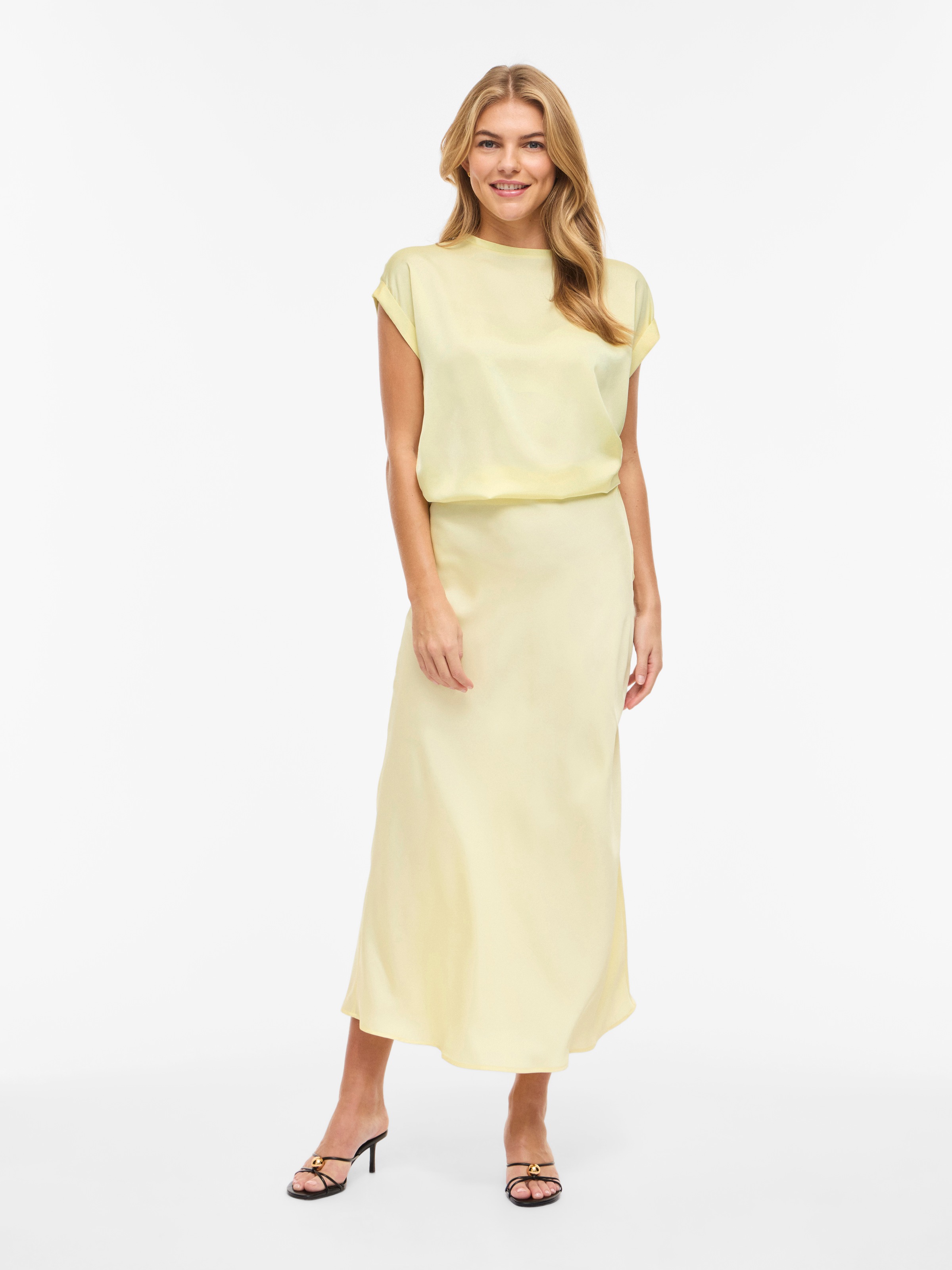 Kurzarmshirt VILA "VIELLETTE S/S SATIN TOP - NOOS", Damen, Gr. 34, pastel gelb, Satin, Obermaterial: 100% Polyester, unifarben, regular fit normal, Rundhals, mit Umschlag, Shirts, Kunstfaser, regular fit 4