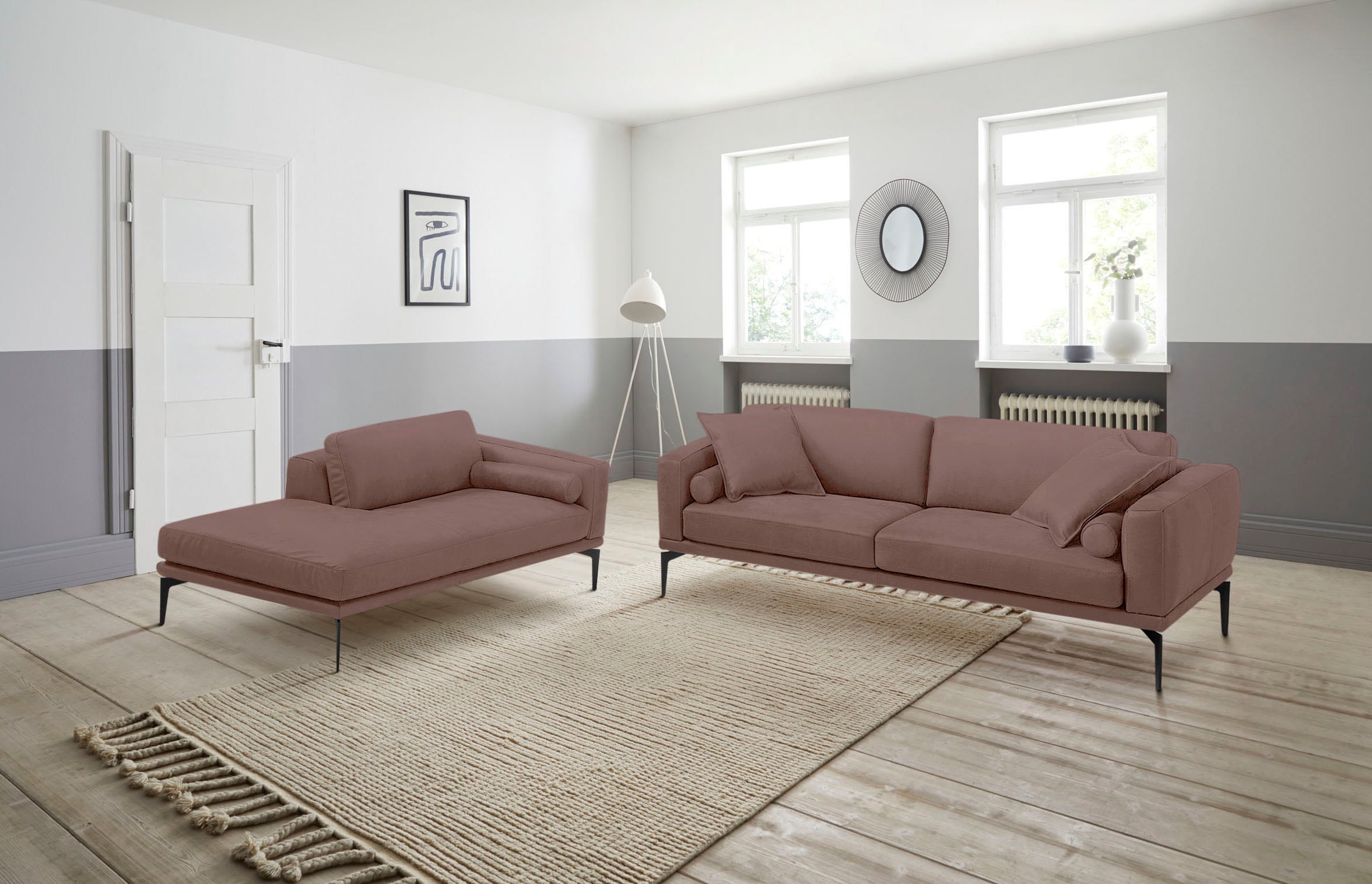 Egoitaliano Polstergarnitur "Masu, Design trifft sensationellen Sitzkomfort" Set besteht aus 2,5-Sitzer, freistehende Ottomane und 3 Rollkissen