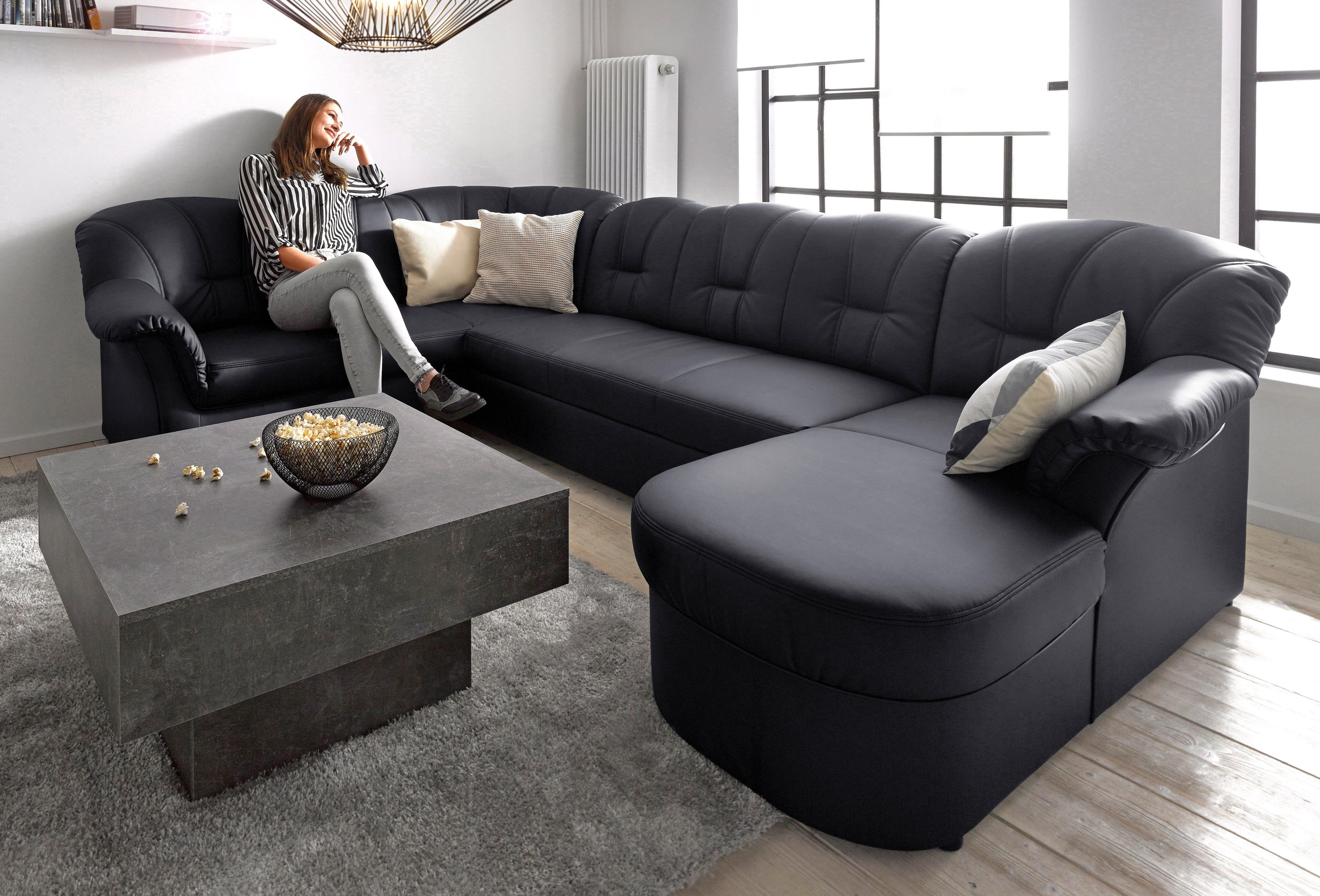 DOMO collection Wohnlandschaft "Papenburg, zeitlose Rückensteppung, bequem, U-Form, Breite 297cm" in großer Farbvielfalt, wahlweise mit Bettfunktion