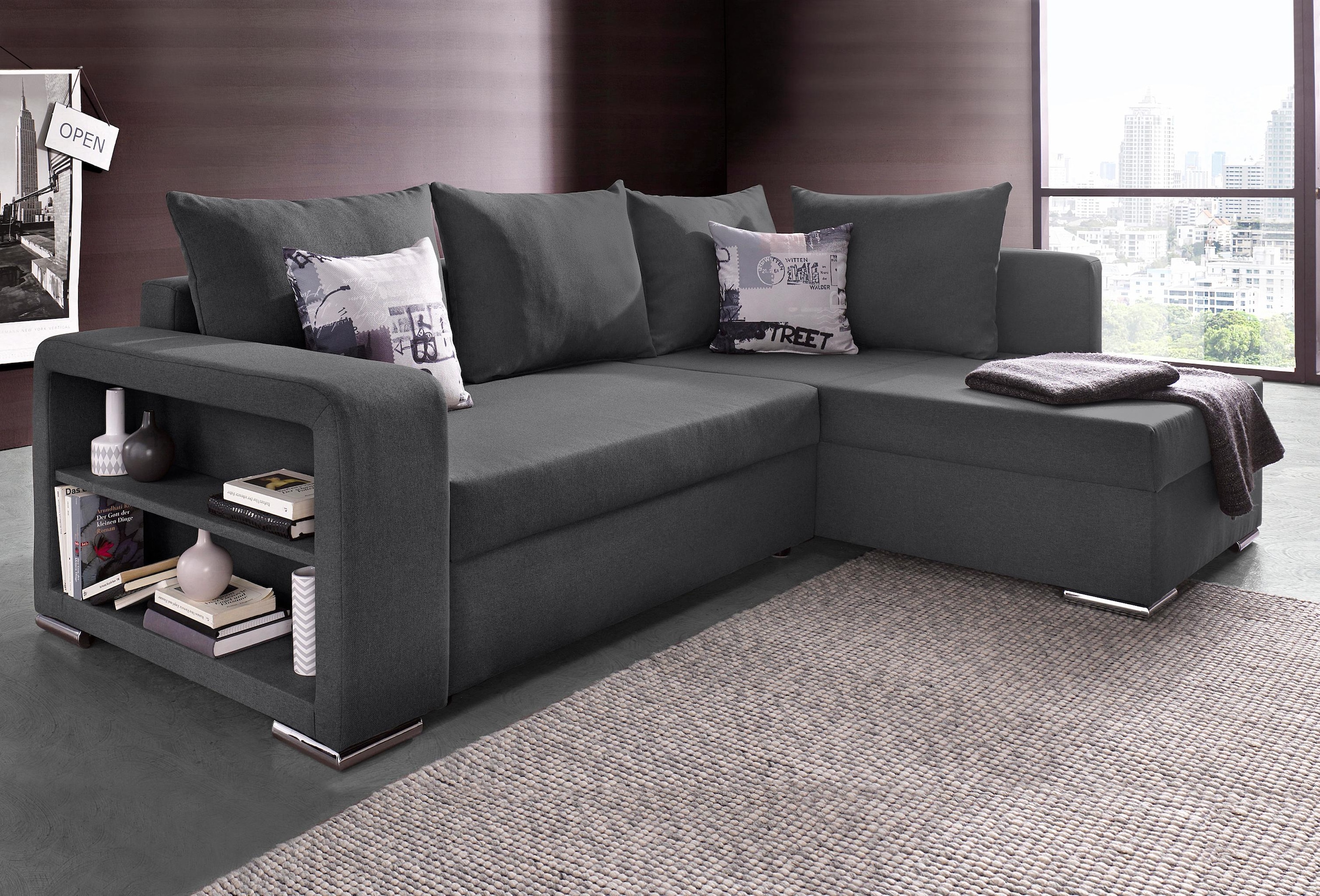 COLLECTION AB Ecksofa »John L-Form«, mit Bettfunktion, Bettkasten und Regalarmteil