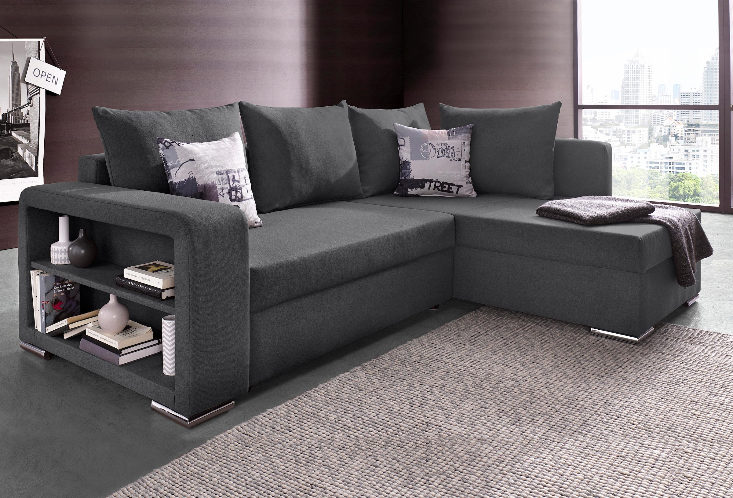 COLLECTION AB "John L-Form, B: 226 cm, Schlaffunktion & Bettkasten" Regalelement & 2 Zierkissen, Couch optional mit Federkern