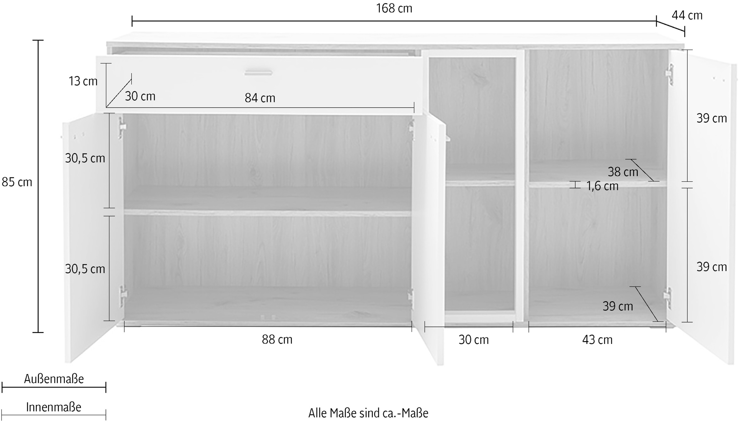 MCA furniture Sideboard »SANTERNO«, mit 3 Türen, 1 Schubkasten, gedämpft, 2 Fächer, Breite 168 cm