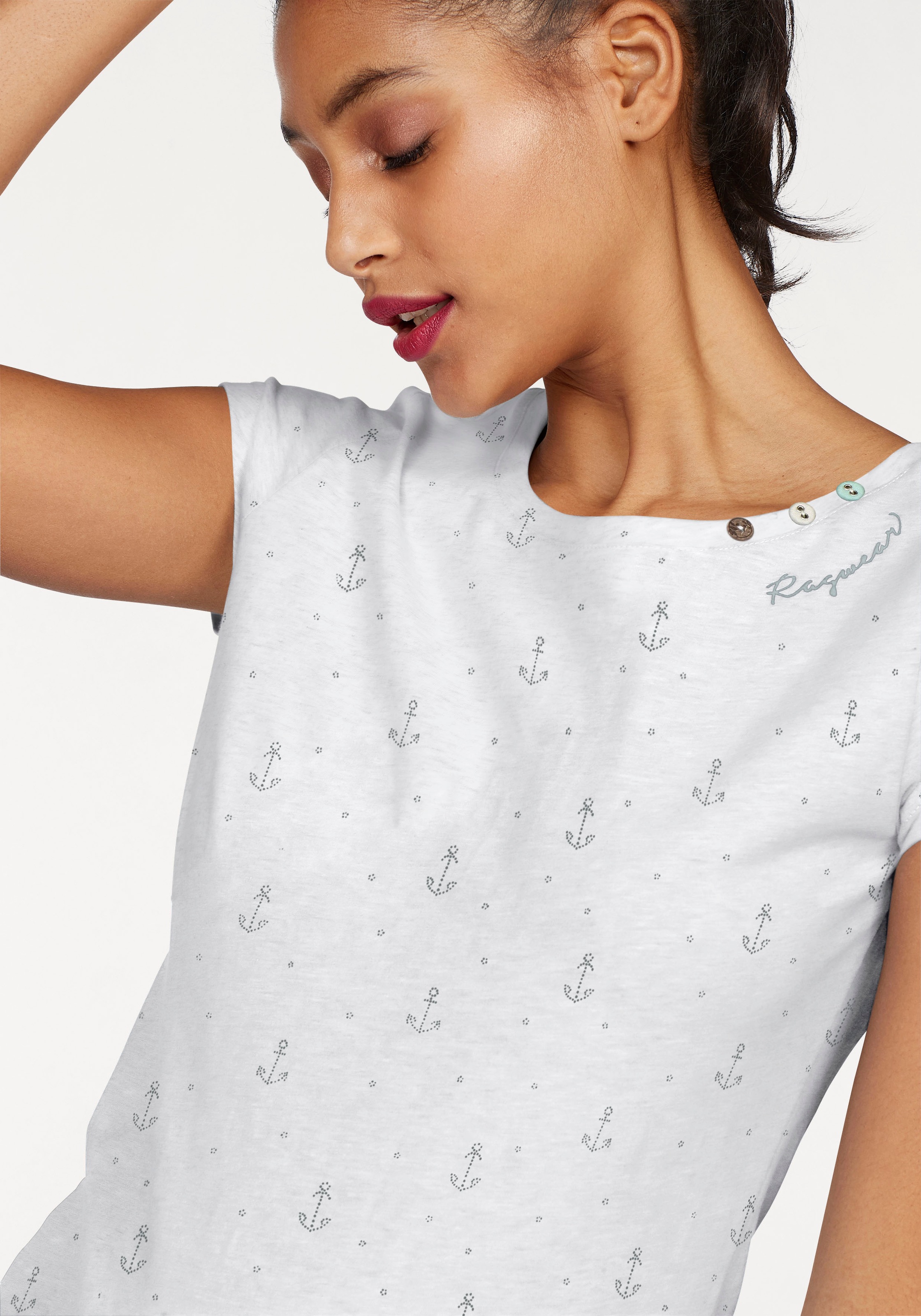 T-Shirt RAGWEAR "FLORAH A ORGANIC O", Damen, Gr. M (38), weiß, Single Jersey, Obermaterial: 70% Baumwolle, 30% Polyester, bedruckt, gemustert, kontrastfarbene Details, mehrfarbig, figurbetont normal, Rundhals, Shirts T-Shirt, mit maritimen Anker-Allover-D 2