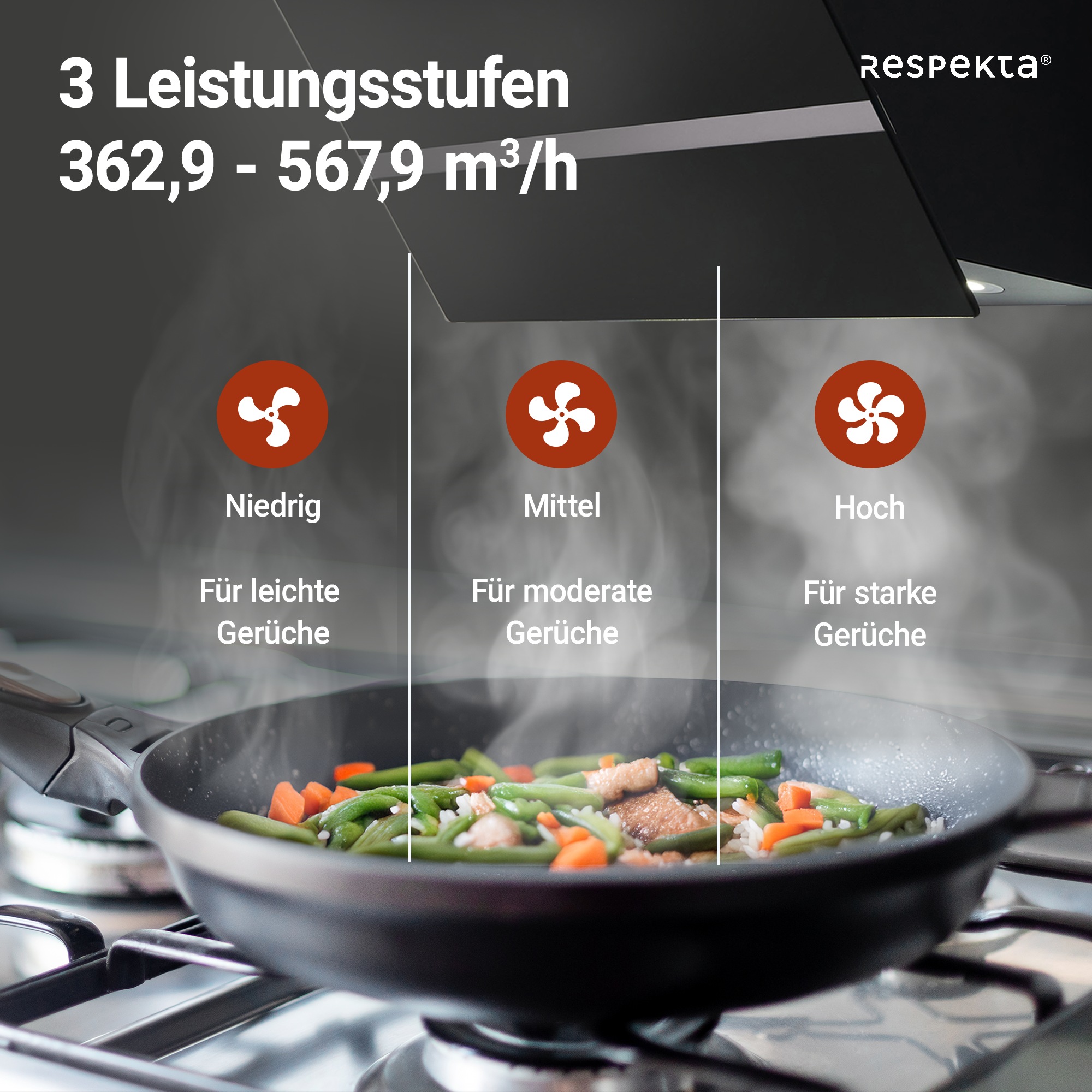 RESPEKTA Kopffreihaube »CH 24060 SAM«, 60 cm, 3 Leistungsstufen, LED-Beleuchtung, Ab- und Umluftfähig