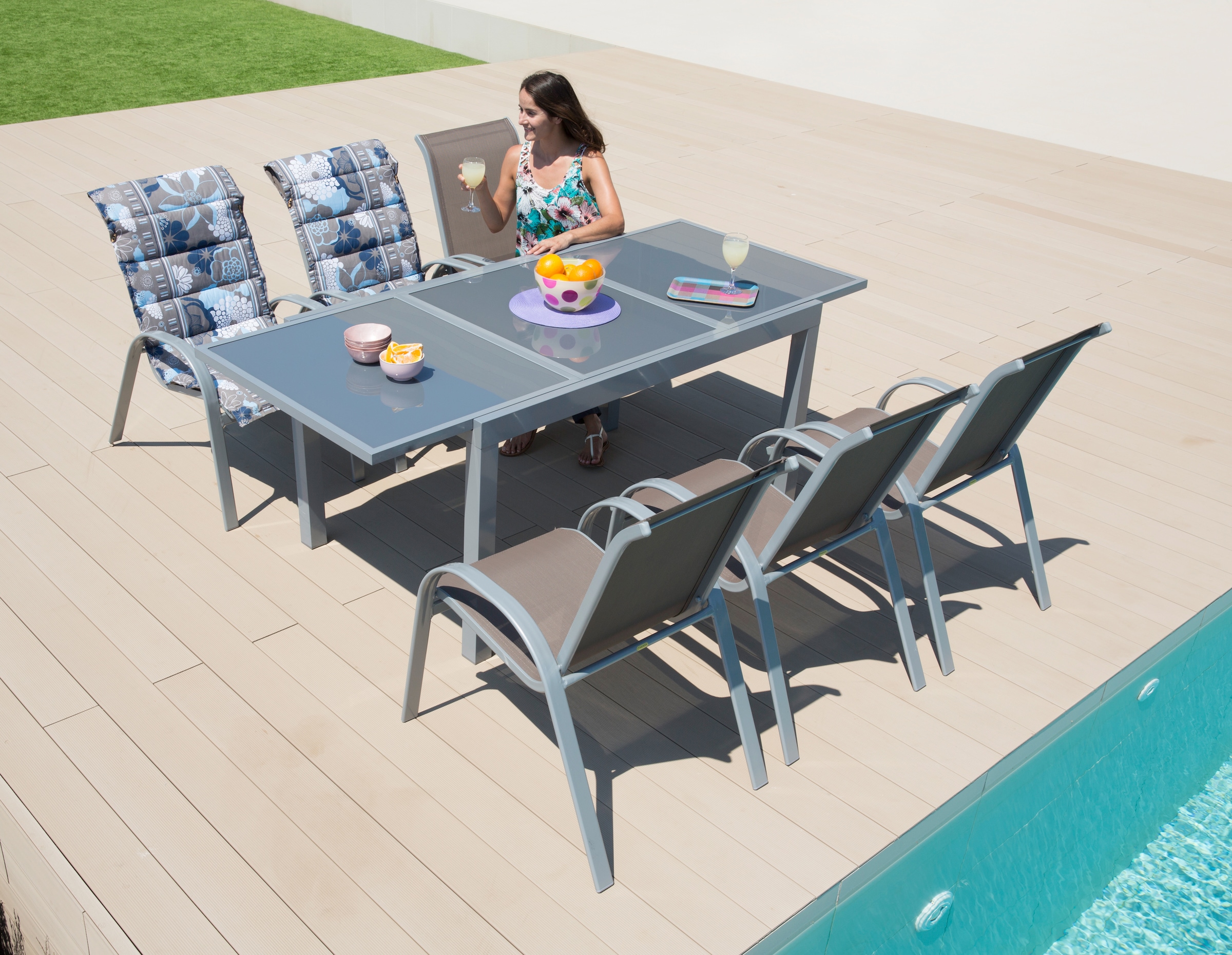 Tisch (7 MERXX | 6 Sessel, 90x140-200 »Amalfi«, BAUR Garten-Essgruppe cm, Alu/Textil ausziehbar tlg.),