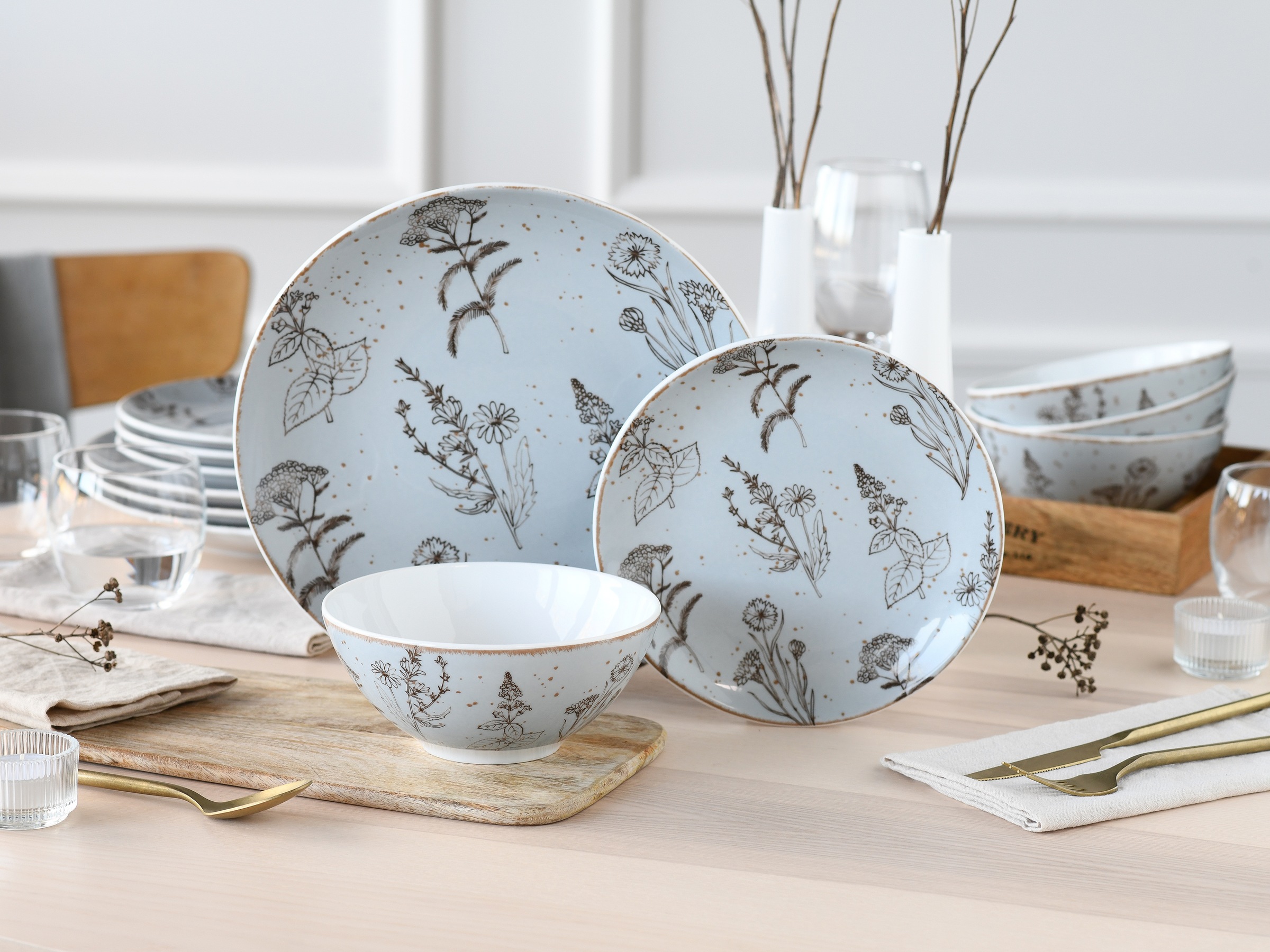 CreaTable Teller-Set »Vintage Flower, Tellerset 12-tlg.« Farbglasur mit Sprenkeln, Rustikaler Vintage Look