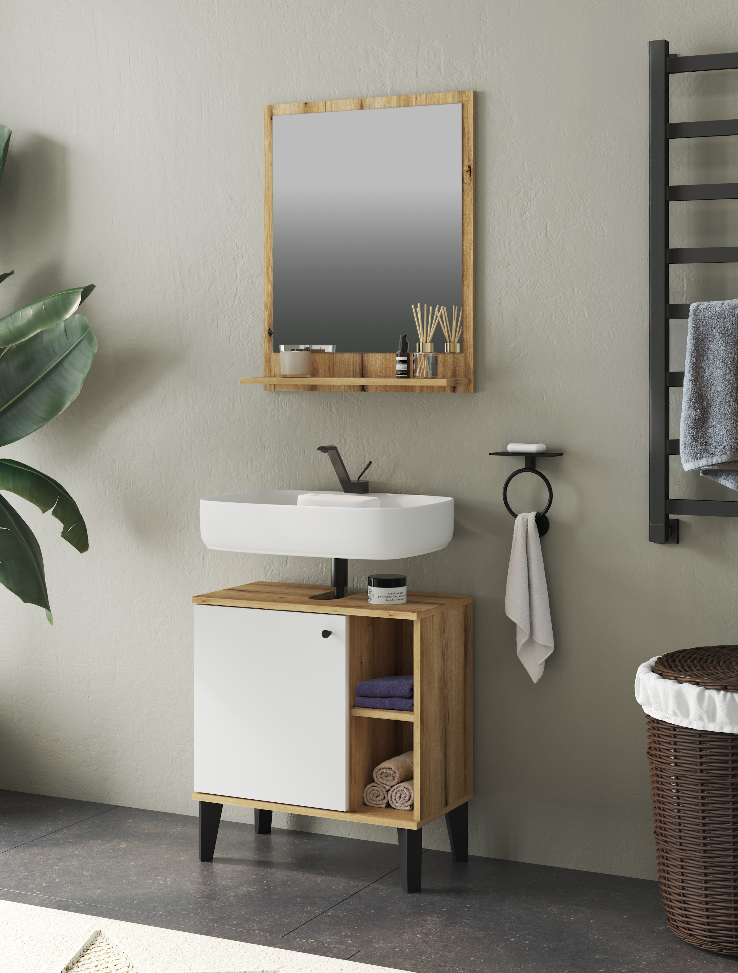 INOSIGN Badmöbel-Set »OSLO, Bad im skandinavischen Design«, (Set, 1 St.), Badschränke und Spiegel, in zwei Farben verfügbar, viel Stauraum