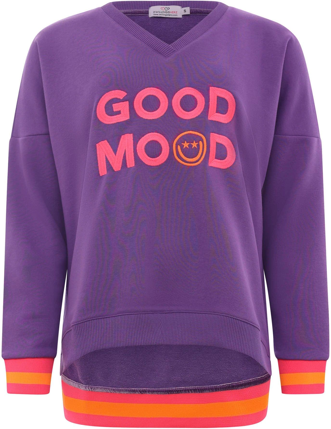 Zwillingsherz Sweatshirt »Dana«, mit "Good Mood"-Schriftzug und neonfarbenen Bündchen