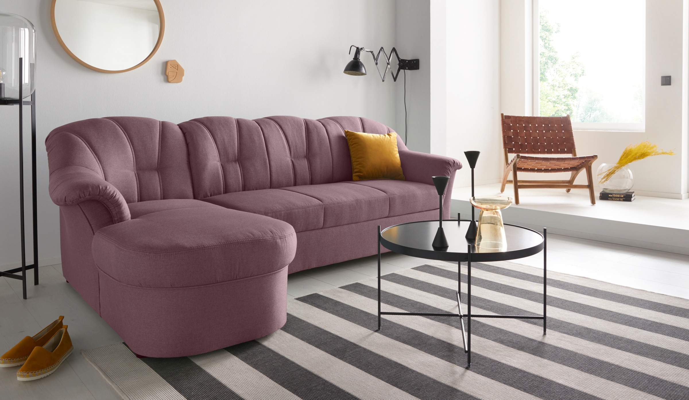 DOMO collection Ecksofa "Papenburg, zeitlose Rückensteppung, elegante Formensprache, L-Form" in großer Farbvielfalt, wahlweise mit Bettfunktion
