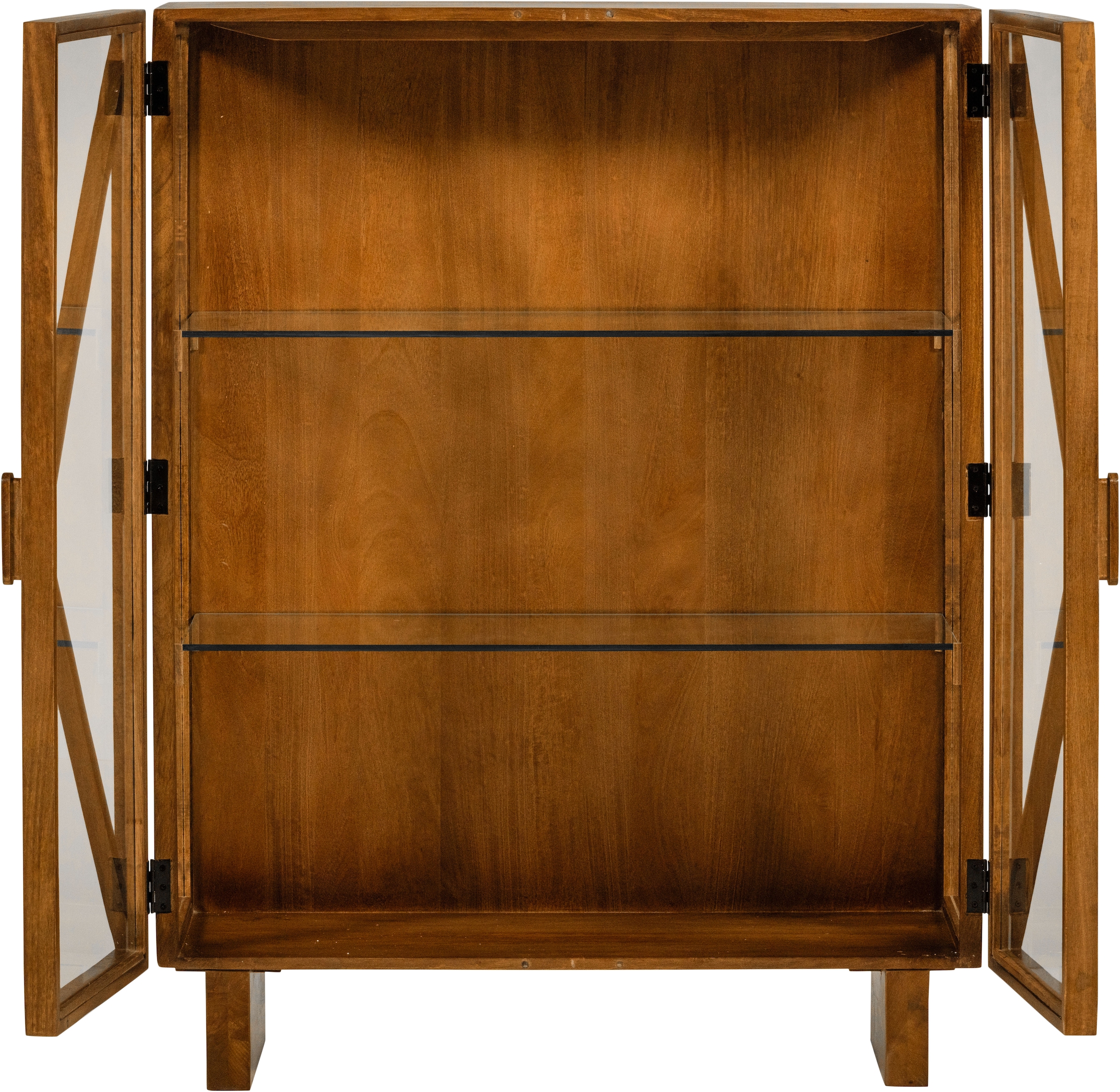 WOOOD Vitrine »Kella Mangoholz mit Glastüren und Glasablagen B 100 x D 44 x H 132 cm« Tragkraft 5–7 kg pro Ablage, Wandbefestigung empfohlen