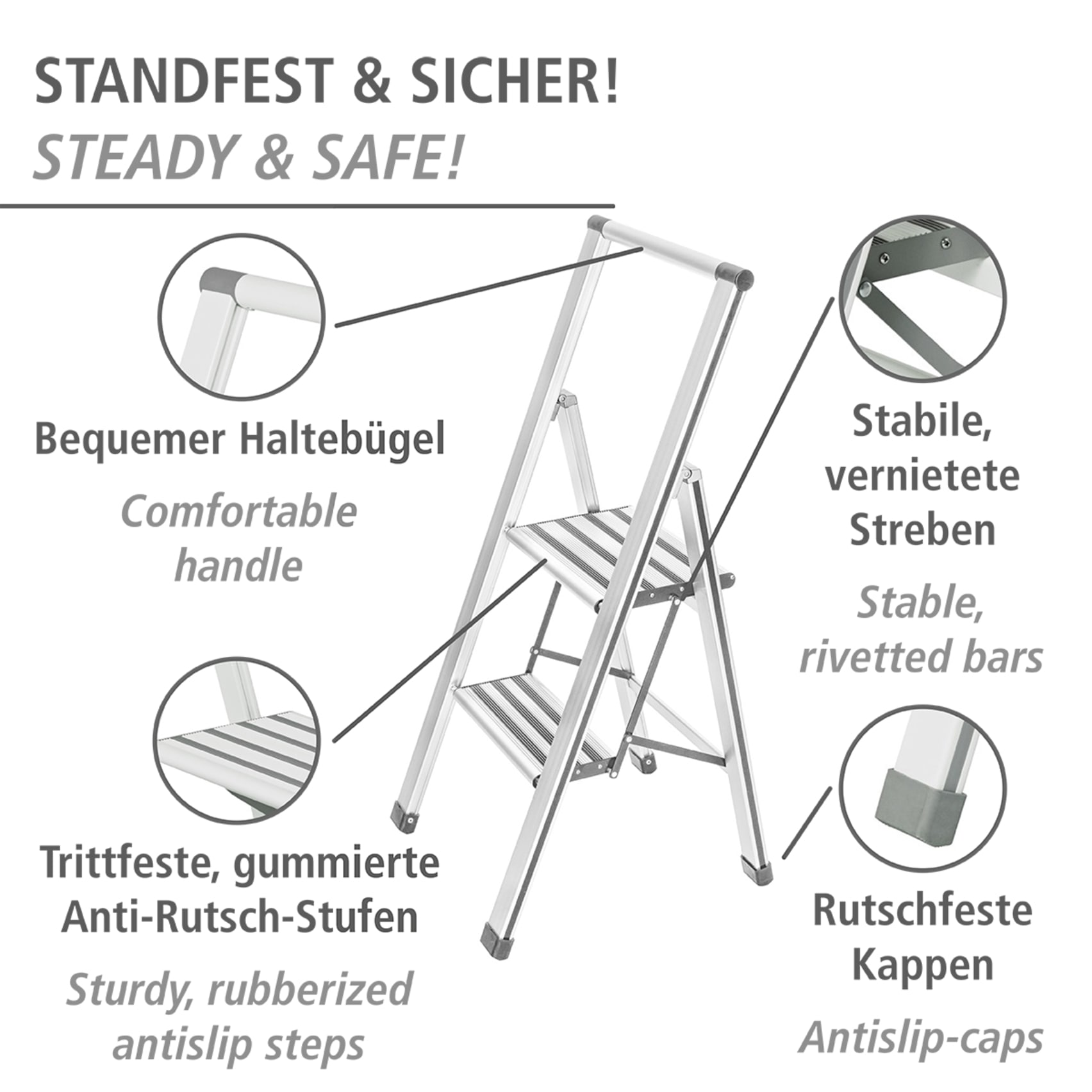 WENKO Trittleiter »Modell Alu-Design«, Klapptritt Leiter, rutschsichere XXL-Stufen, klappbar, bis 150 kg