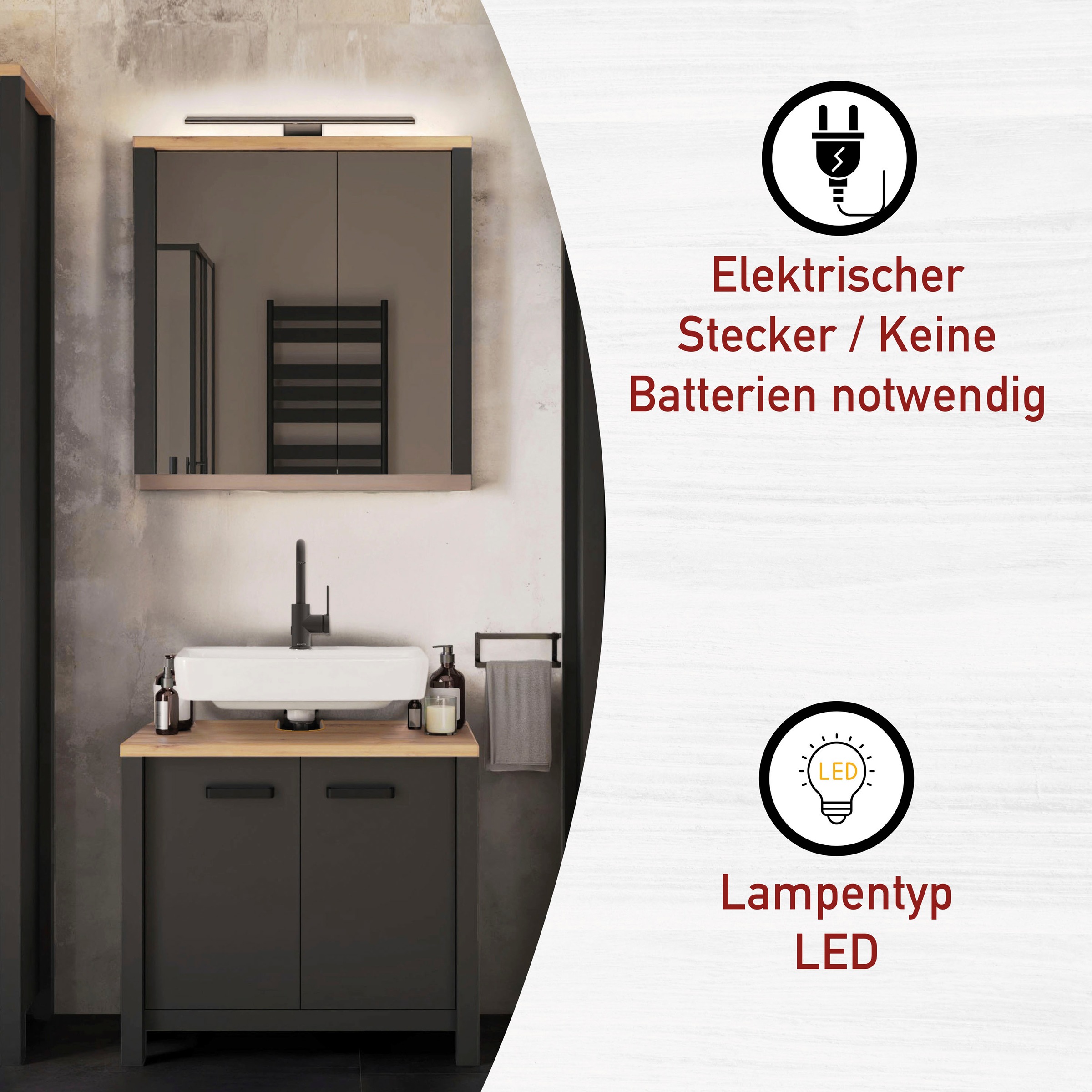 Inter Link Spiegelleuchte »Pienza, Schwarz, moderne Badbeleuchtung, 33,5 x 16,5 x 3,2 cm« LED-Board 1 Stk. Neutralweiß LED-Leuchte mit Steckdose für Spiegelschrank Carbona