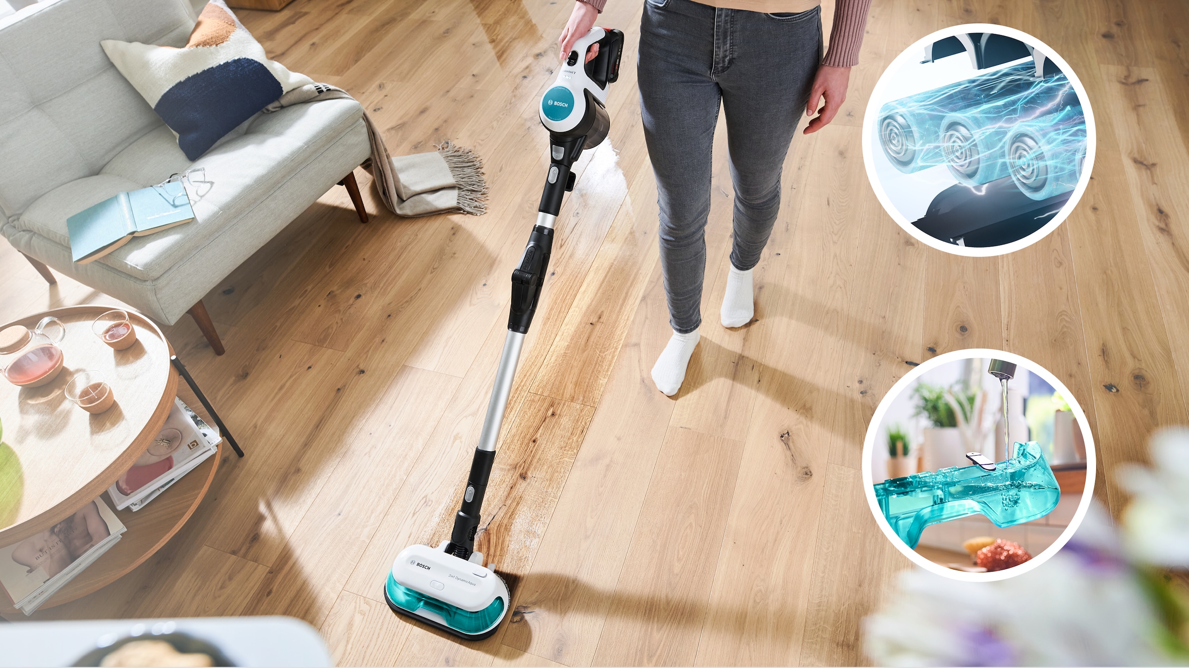 BOSCH Akku-Stielstaubsauger »Unlimited 7 ProHygienic Aqua BKS71HYG4, 2in1 Saugen & Wischen«, Knickrohr, Hygiene-Filter, 10 J. Motorgarantie, Mini-Turbo-Düse, weiß
