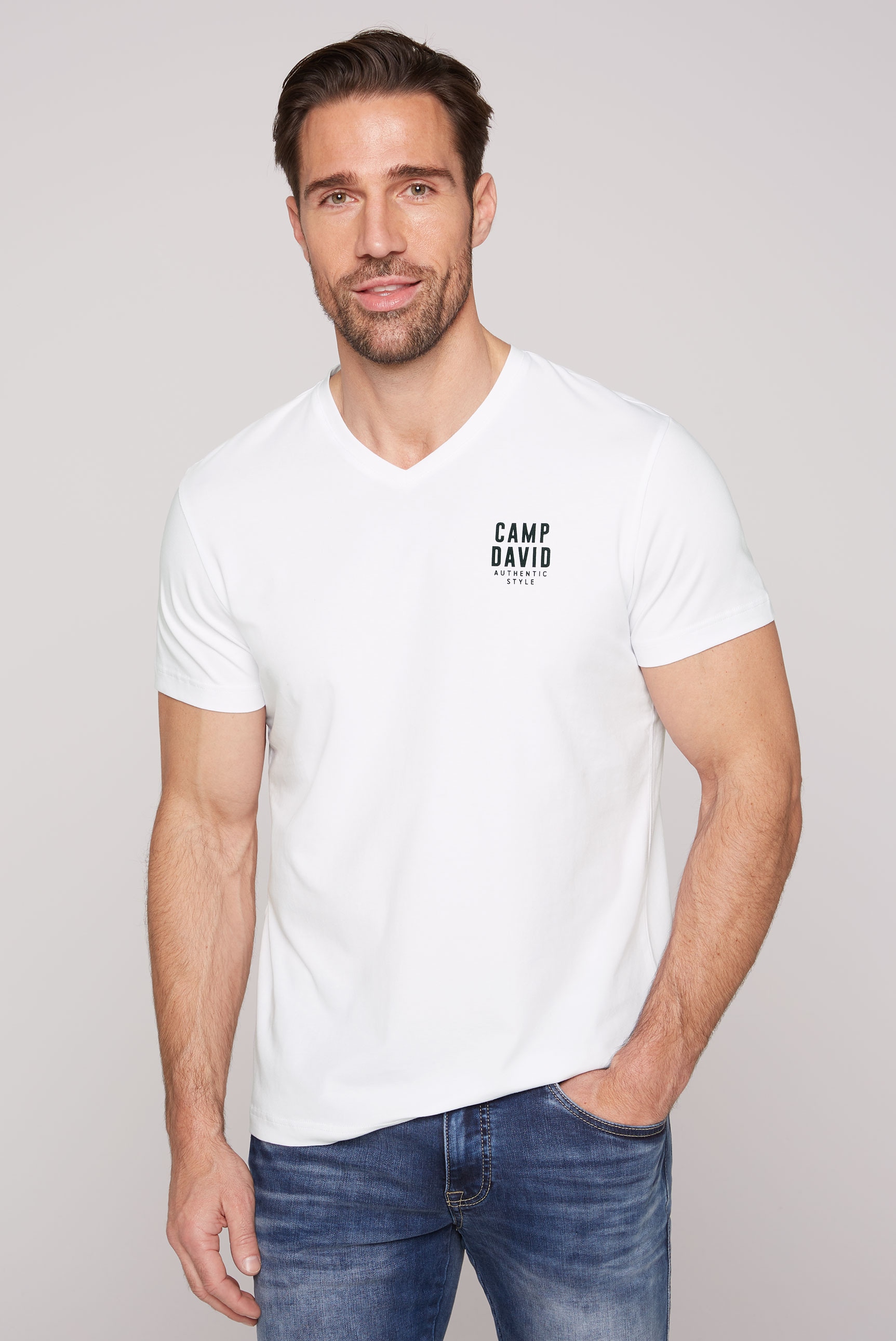 CAMP DAVID V-Shirt, bequem, Baumwollmix, V-Ausschnitt, mit Logo-Print günstig online kaufen