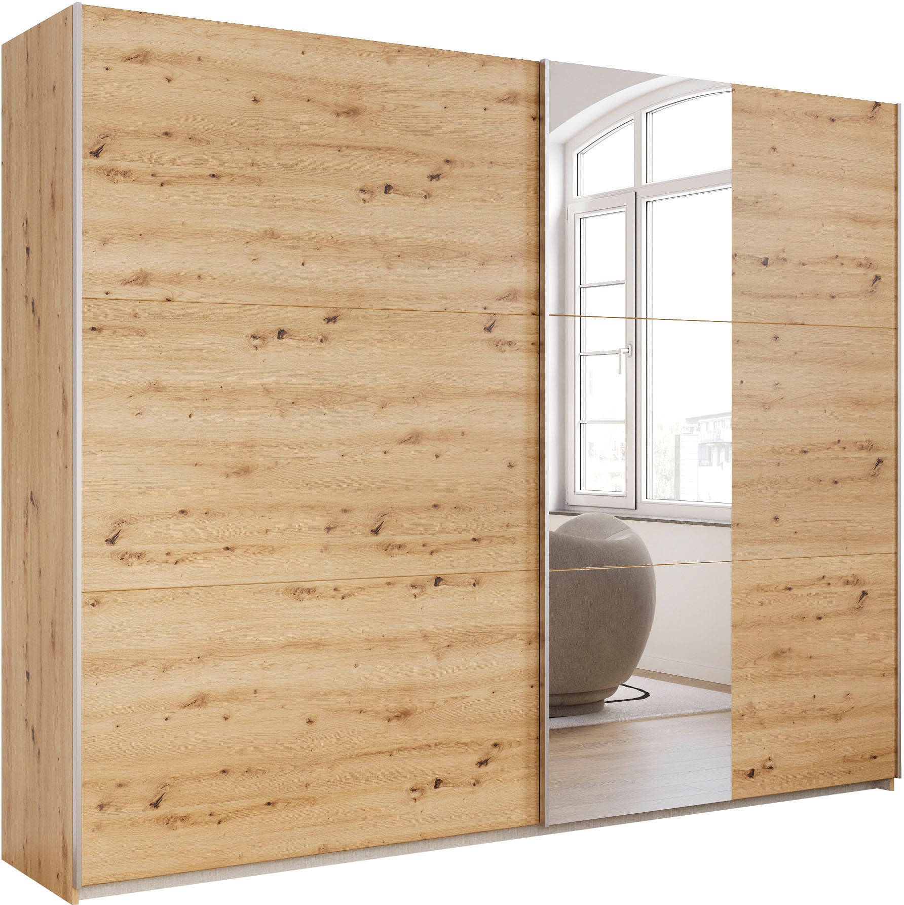 rauch Schwebetürenschrank "Kleiderschrank Drehtürenschrank Schrank Garderobe KRONACH" in 3 Ausstattungen BASIC/CLASSIC/PREMIUM, Breiten 131/175/218/261 cm, optional ohne, mit 1 oder 2 Spiegel, viel Stauraum MADE IN GERMANY