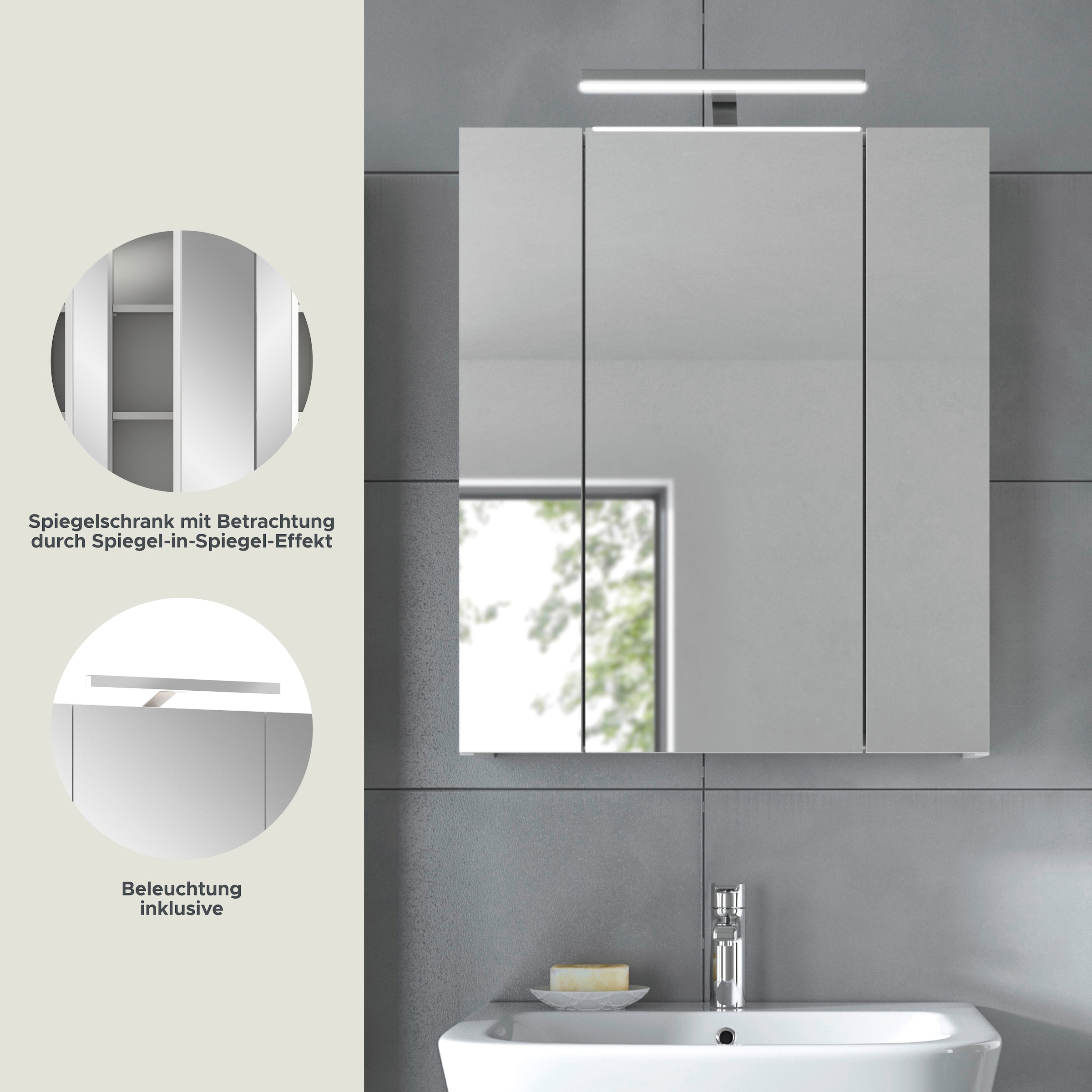 INOSIGN Badezimmerspiegelschrank »Malmö, Breite 60 cm, inkl. LED Beleuchtung, 3 Spiegeltüren, 9 Fächer«, in verschiedenen Farben erhältlich, Badmöbel, Spiegel, Badschrank, Bad