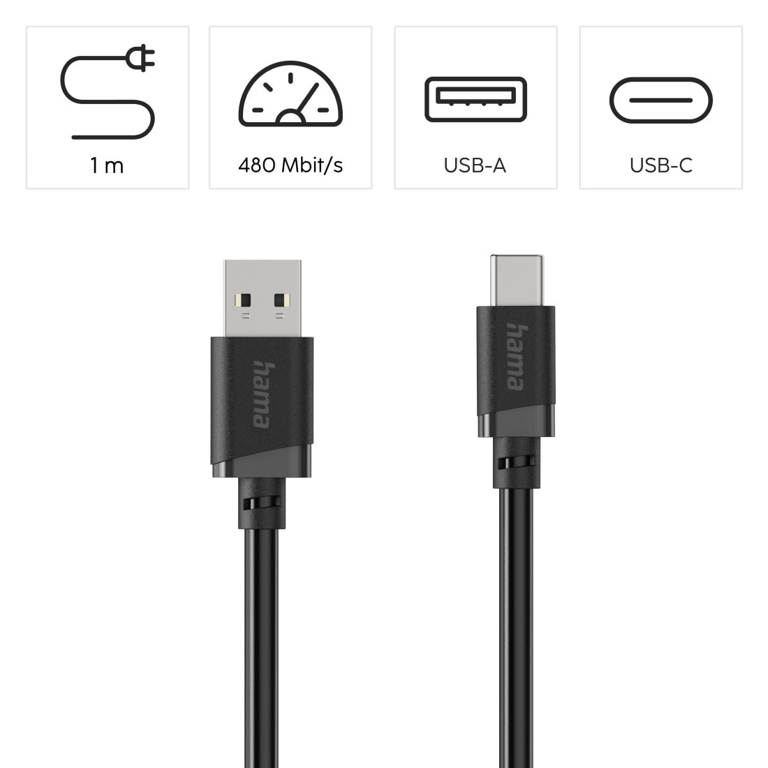 Hama USB-Kabel »USB-A auf USB-C Ladekabel 1 m schwarz« USB Typ A | USB-C 100 cm Schnellladen, 480 Mbit/s, 3 A Strom, breite Kompatibilität