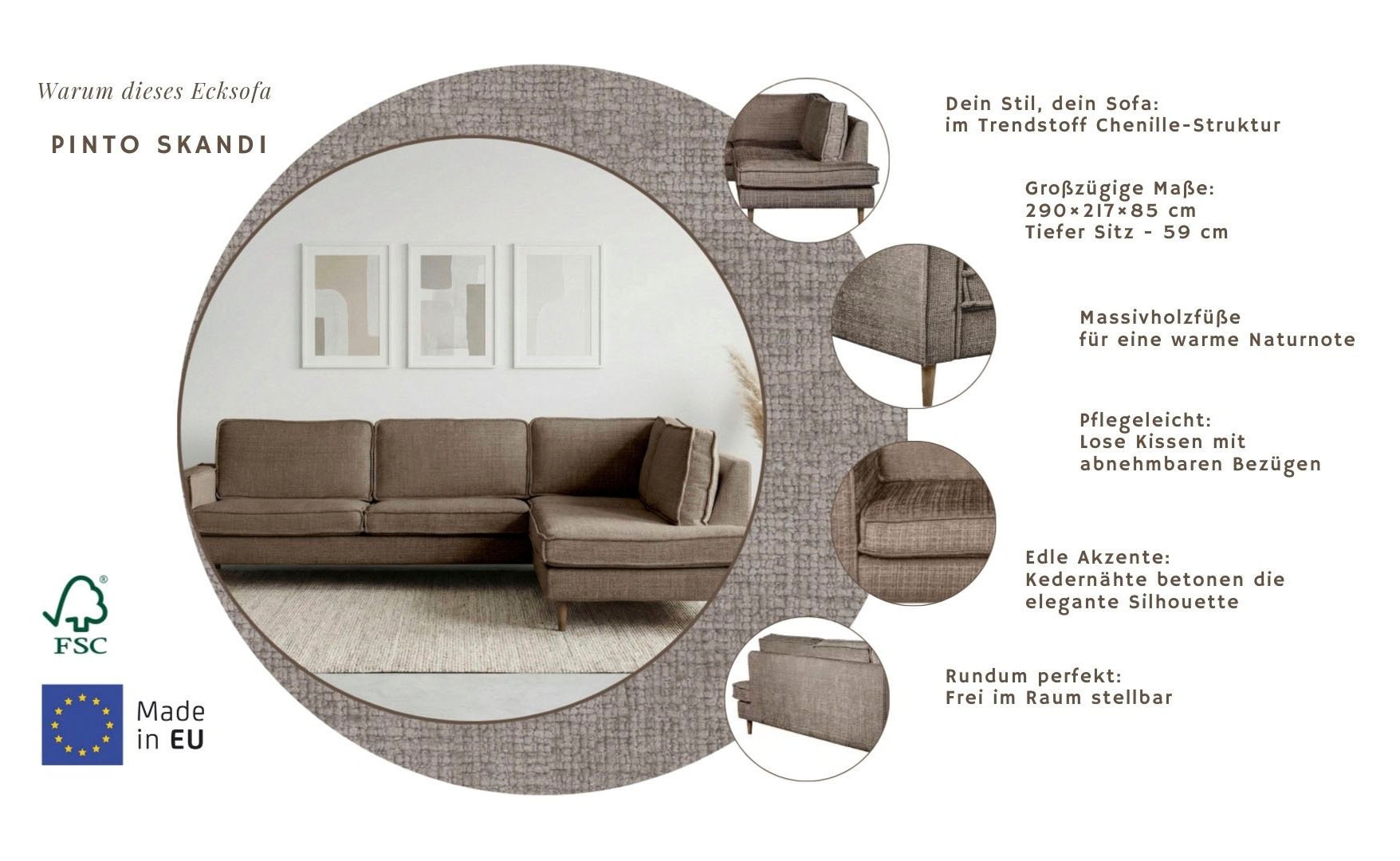 Home Affaire Pinto Skandi Corner Sofa 290cm Chenille Brown 2