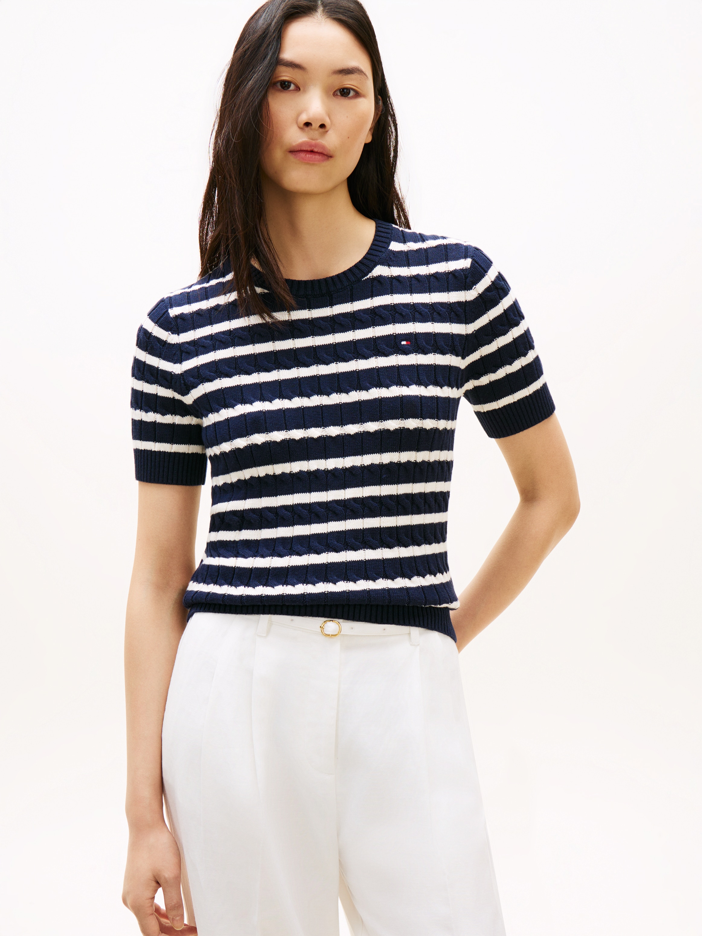 Tommy Hilfiger Kurzarmpullover "CO CABLE MID GG SS C-NK SWT" Baumwolle, mit Zopfmuster