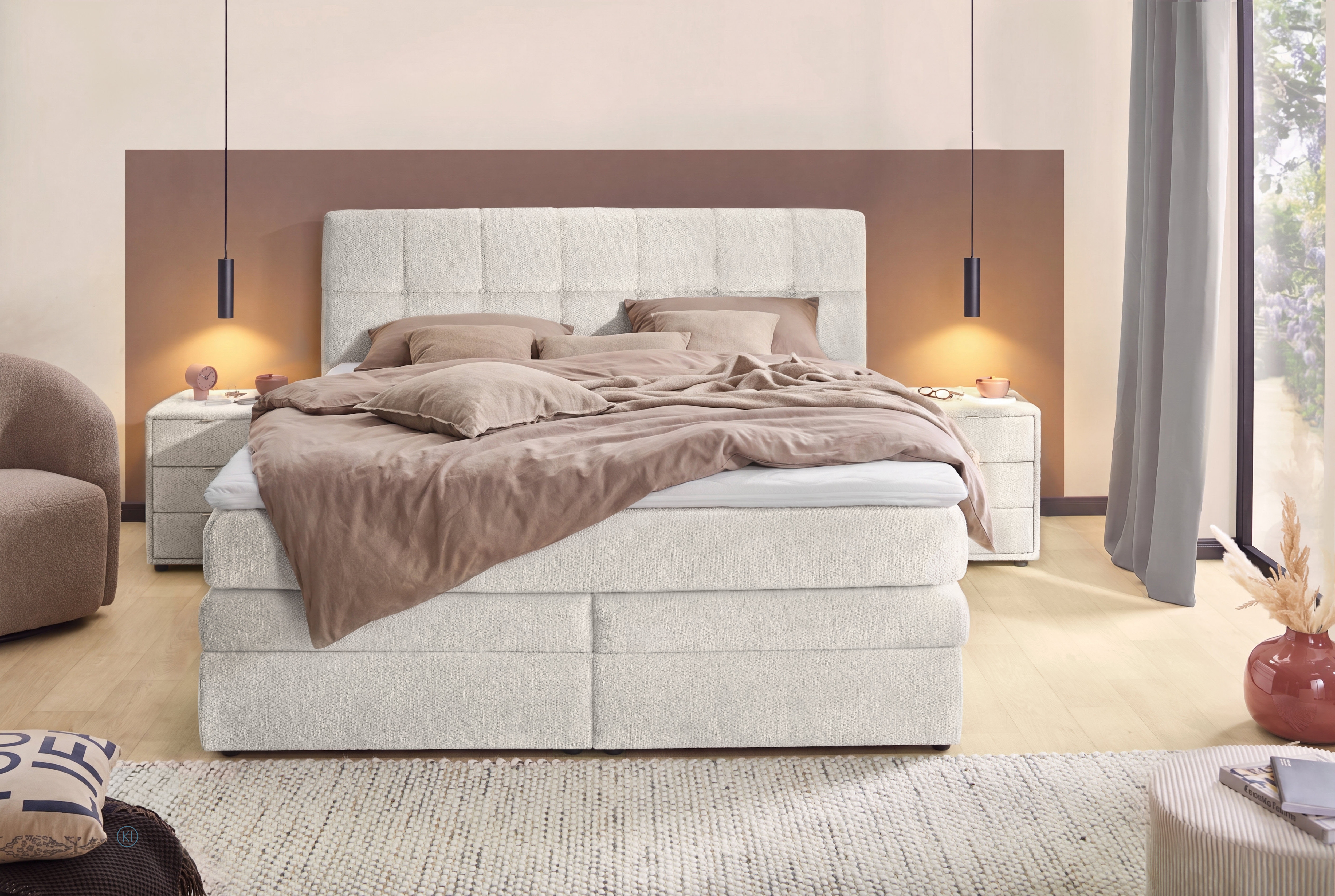 Jockenhöfer Gruppe Boxspringbett "AMY mit Bettkasten, inkl. Taschenfederkernmatratze Härtegrad H3-H4" mit 6 cm Kaltschaum-Topper, Chenille-Bezug, 180x200 und 200x200 cm