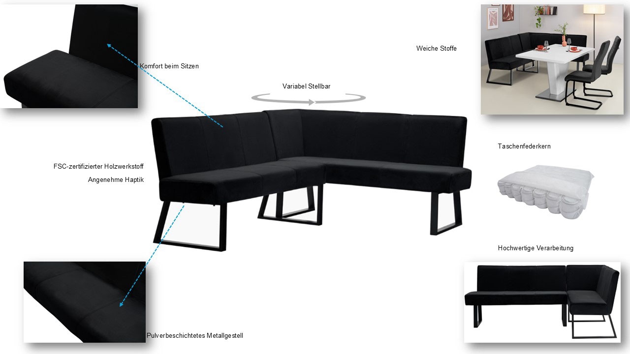 Home affaire Eckbank »Gladiole«, (Sitzbank, Esszimmerbank, Bank), mit Taschenfederkern, schwarzes Metallgestell, Breite 190 cm