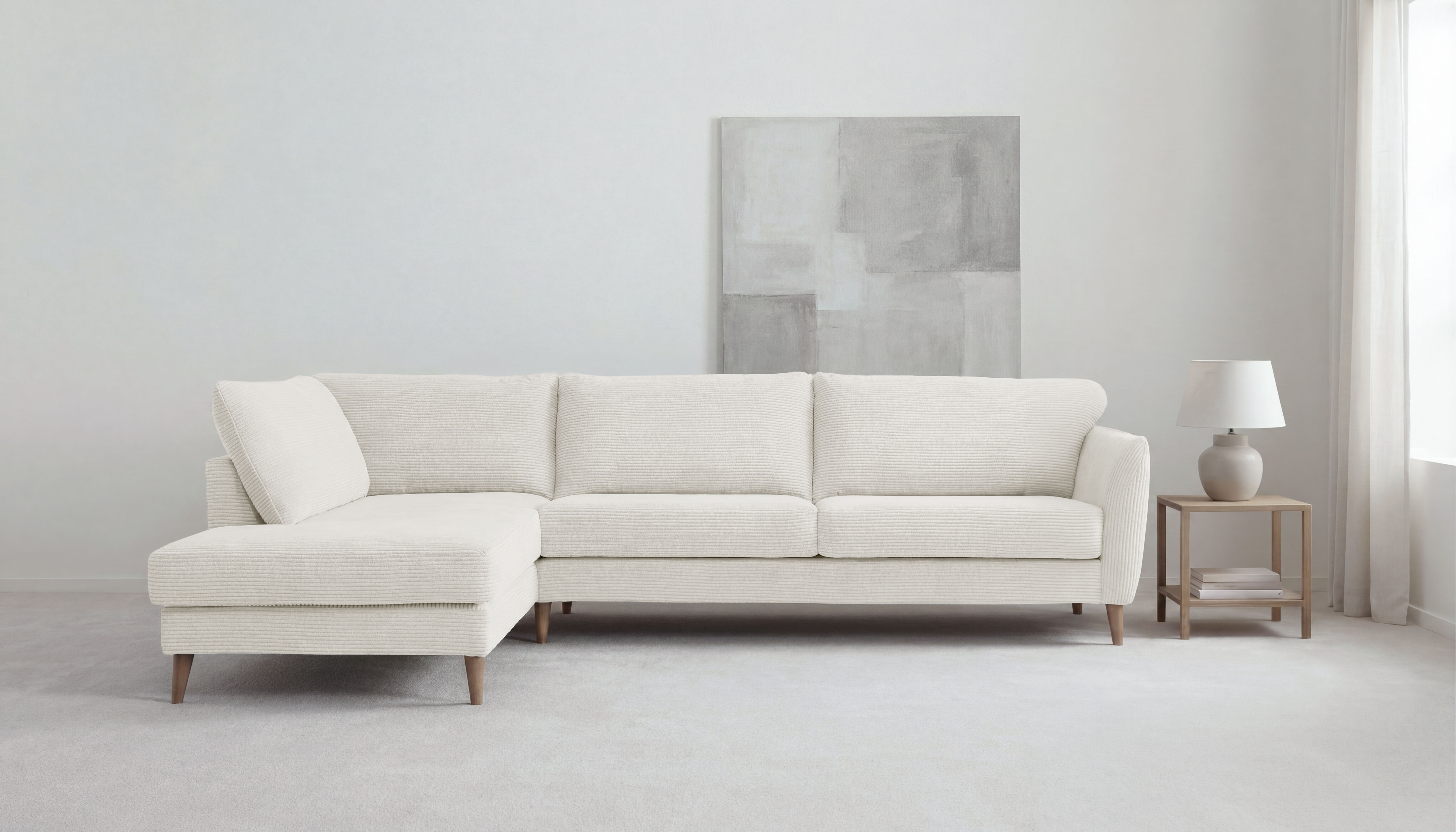 OTTO home Ecksofa "MARSEILLE 278/202 cm, L-Form, Ottom. rechts/links, verschiedene Bezüge" Massivholzbeine Eiche, Landhausstil, Wellenunterfederung