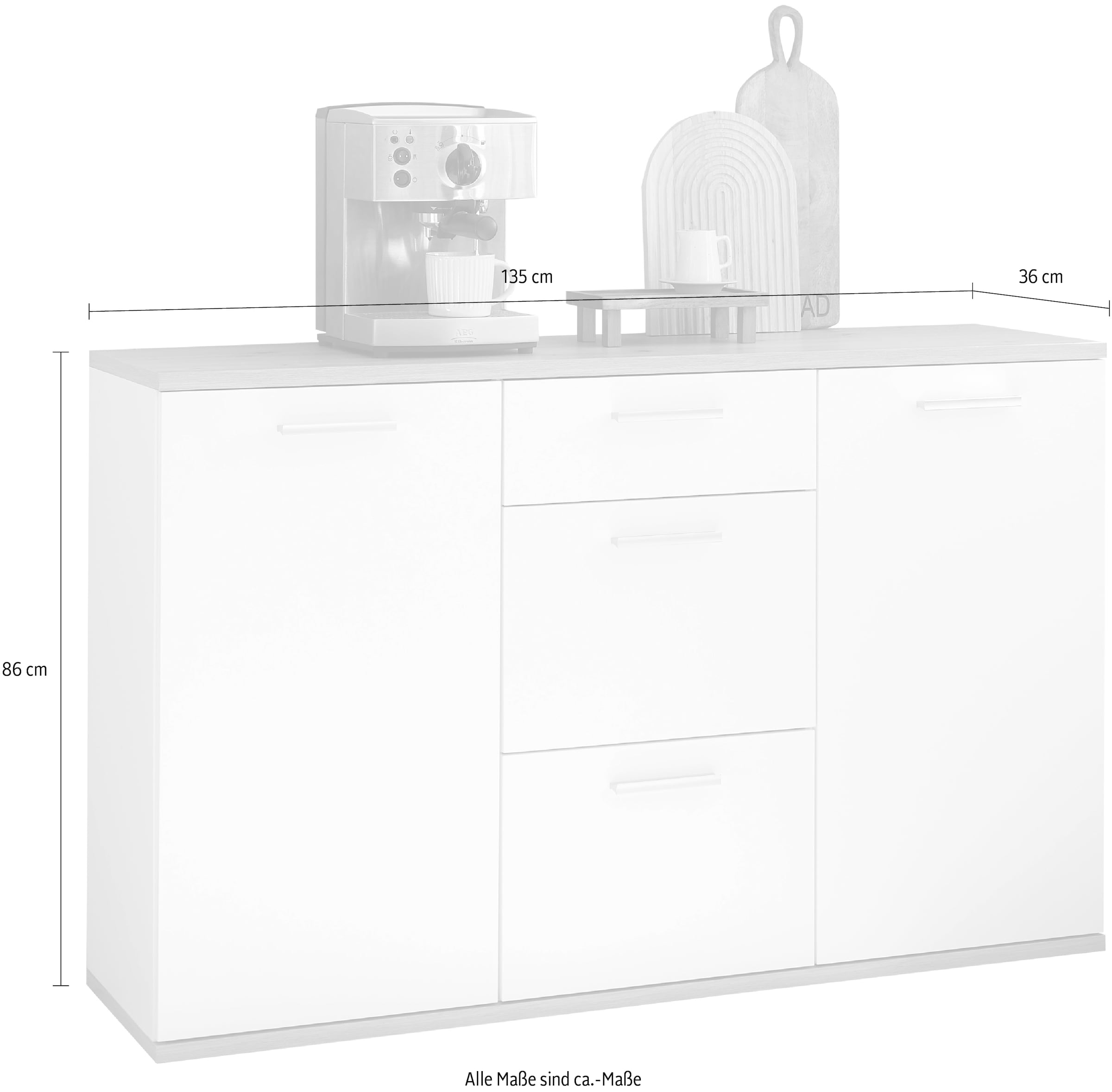 HBZ Kommode »BC1035 weiß matt, BxHxT 135x86x38 cm«, Kommode mit 2 Türen, 3 Schubkästen, 2 Einlegeböden